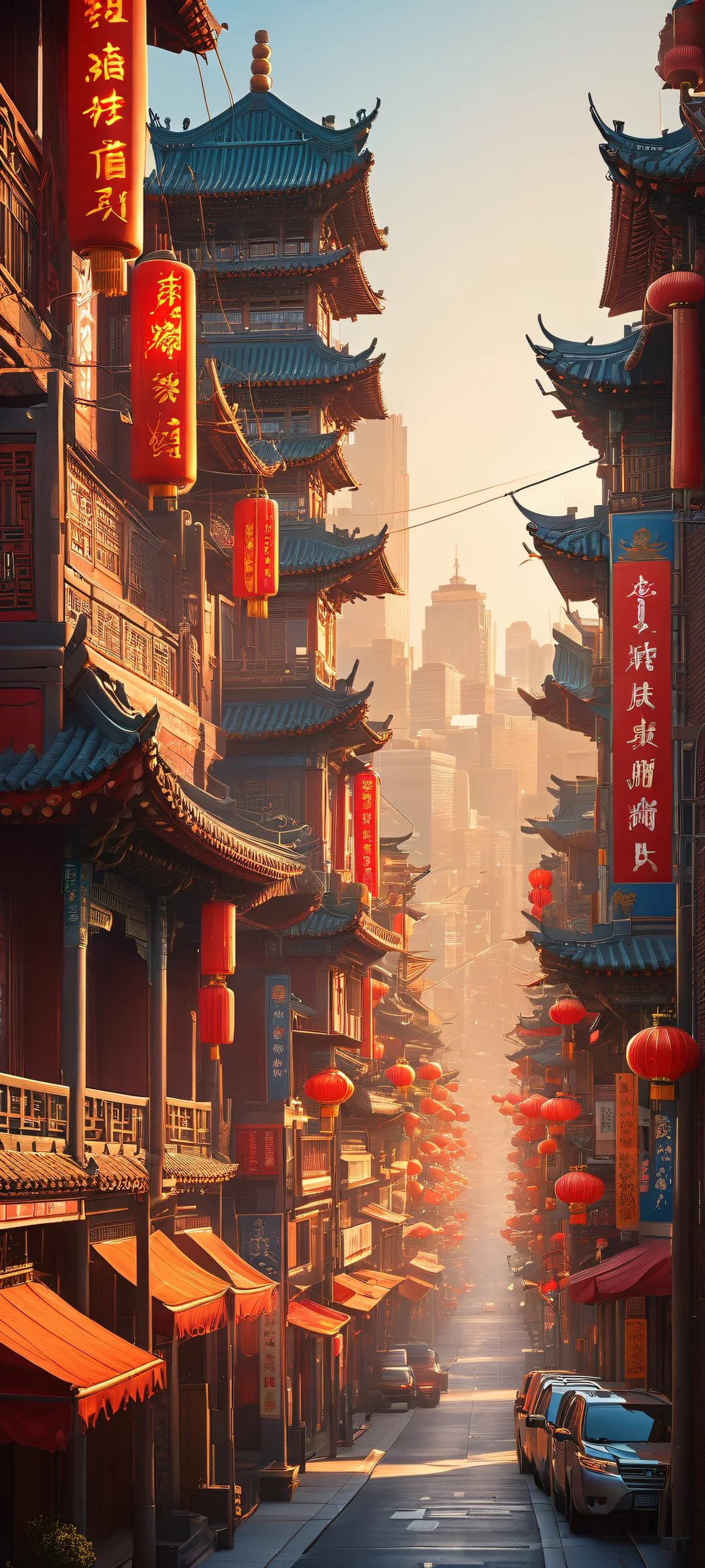 iPhone and Android users will adore this breathtaking artwork of Chinatown buildings with intricate micro-details of Chinese calligraphy and vintage signs, set against a stunning American architecture-inspired backdrop.