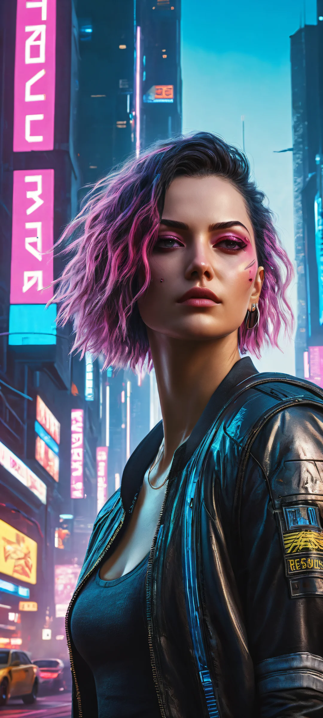 V from Cyberpunk 2077 in a futuristic cityscape with neon blues and pinks on iPhone/Android