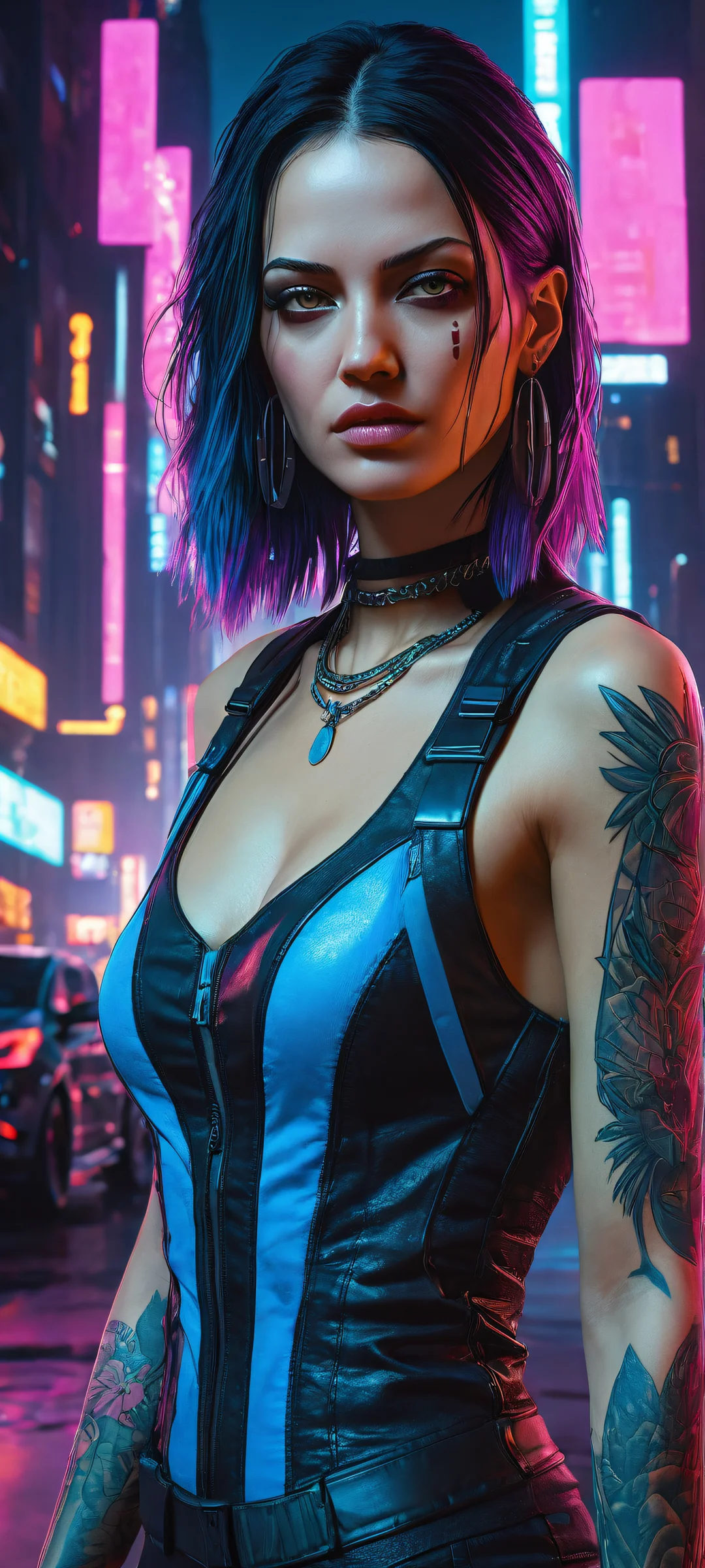 V from Cyberpunk 2077 sits beautifully on your iPhone or Android, with intricate cybernetic details and a stunning 8K video game world in the background, perfect for UI integration.