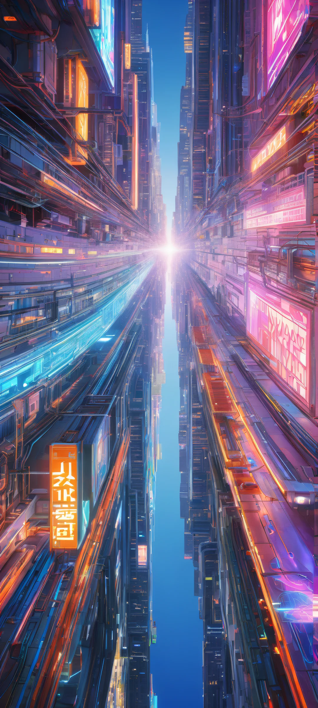 Neon Dreamscape 2K QHD Home Screen A stunning iPhone/Android wallpaper featuring a futuristic cityscape unfolding beneath neon-laced circuitry, with radiant colors and ray-traced reflections.