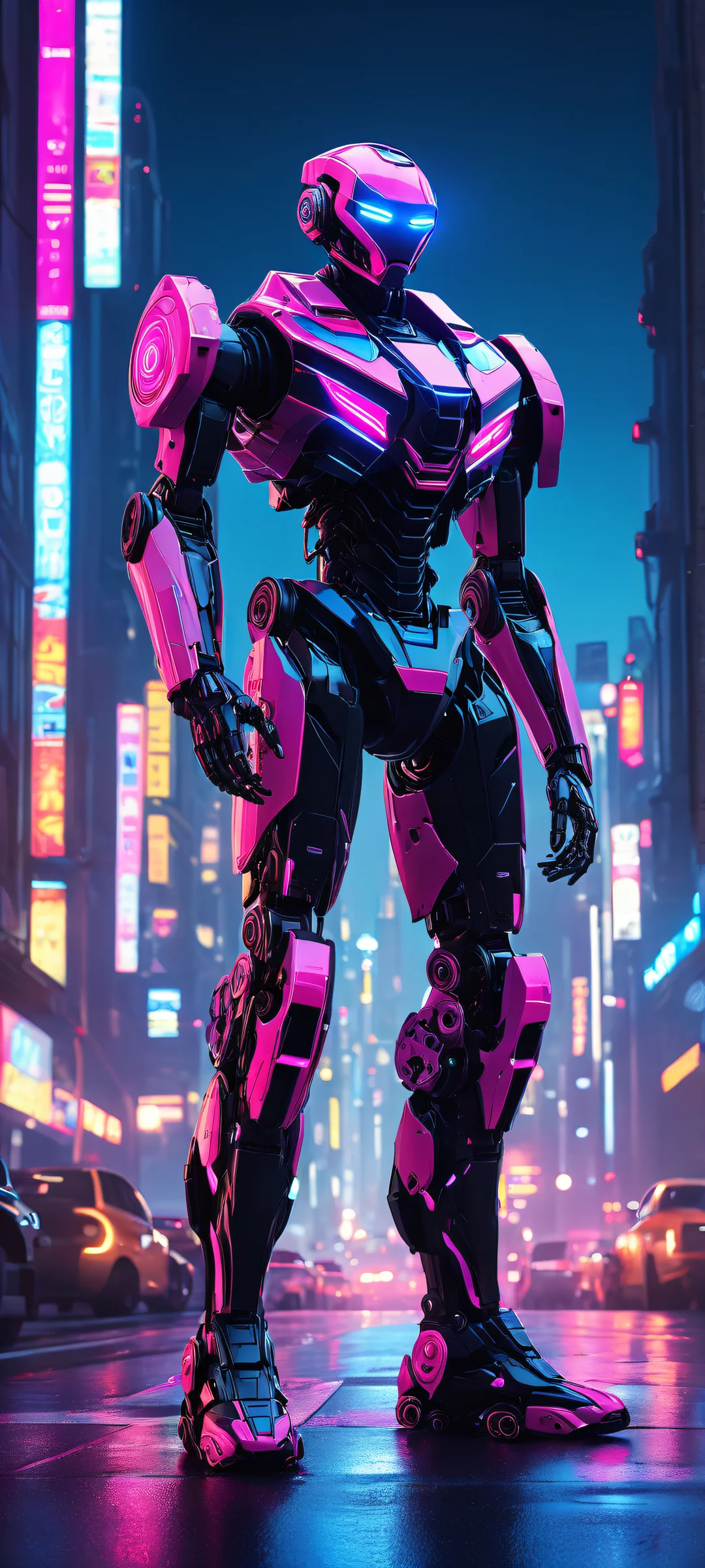 Breathtaking robot artwork with intricate gears and cityscape at night for iPhone/Android home screens.