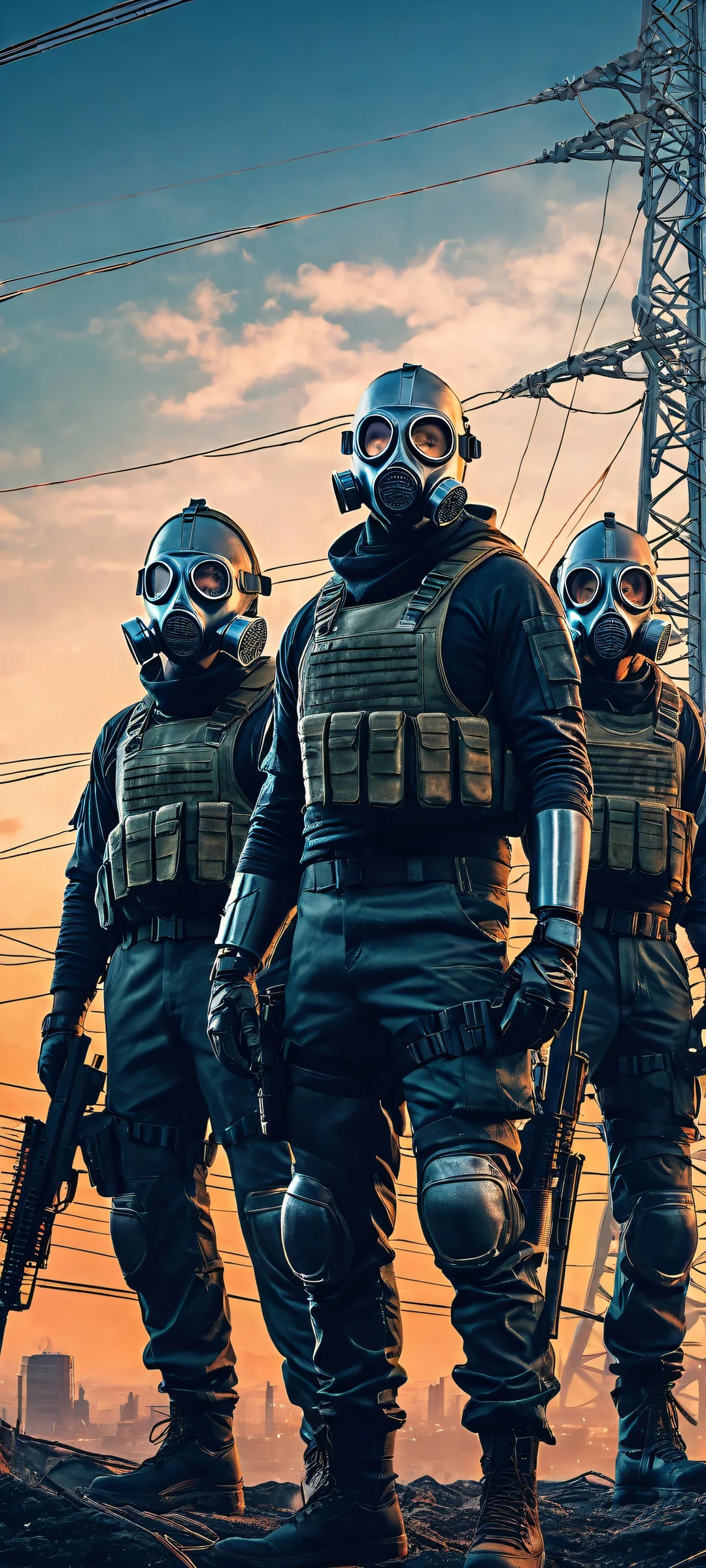 Three young men in gas masks and spiked armor holding rifles amidst power lines on a blue-gray sky with neon glow.