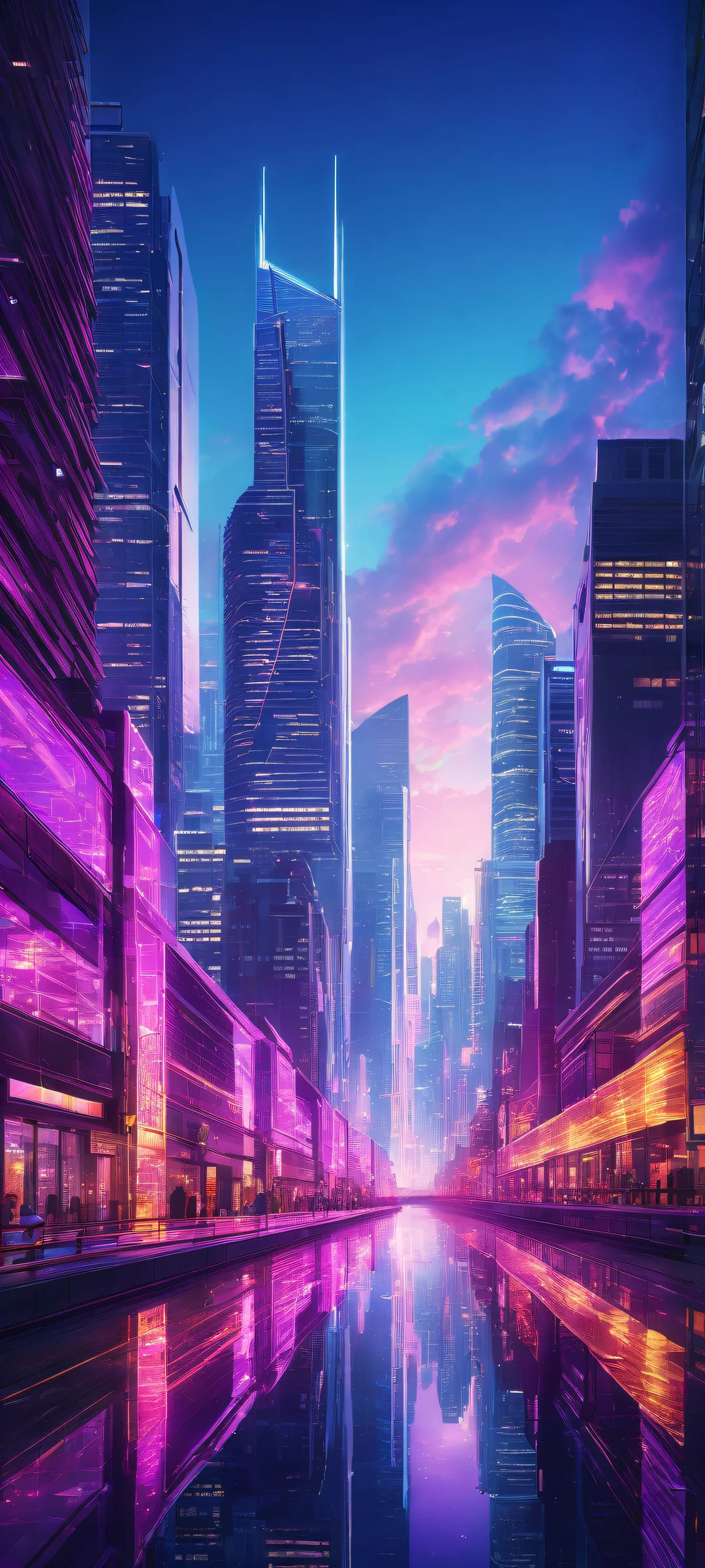 A futuristic cityscape on iPhone/Android, featuring a breathtaking portrait of a towering skyscraper's architecture and neon-lit streets at dusk.