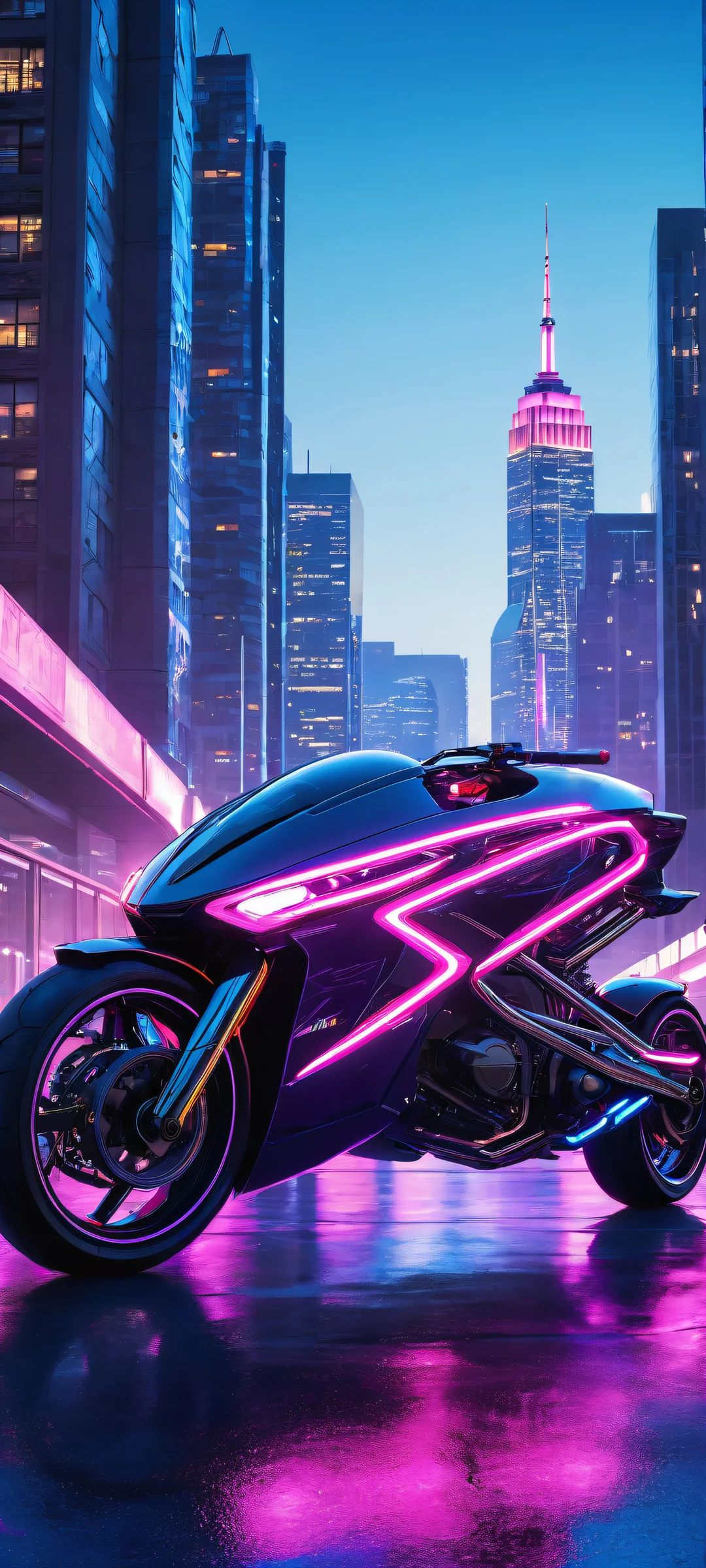 Lone neon-lit hoverbike iPhone Android mobile wallpaper with futuristic cityscape in the background.