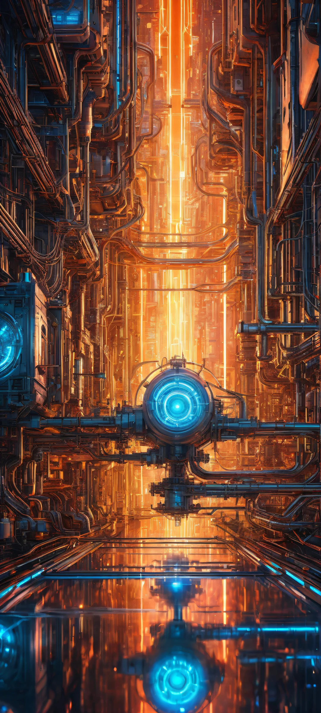iPhone/Android users will love this breathtaking cyberpunk artwork featuring neon-laced machinery surrounded by glowing circuitry and wispy data streams. Perfect for home screens.