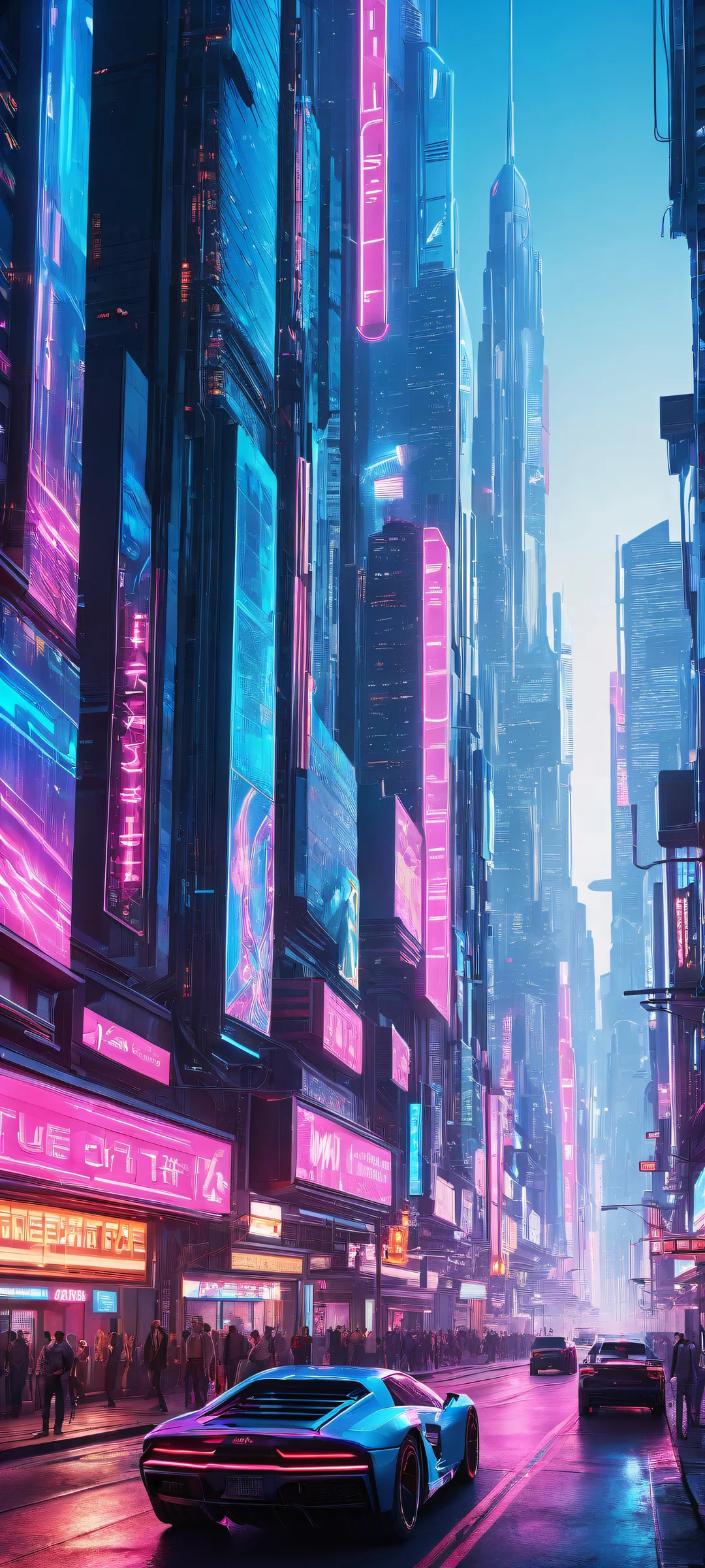 A futuristic cityscape artwork featuring neon-lit billboards and towering skyscrapers on an iPhone or Android device.