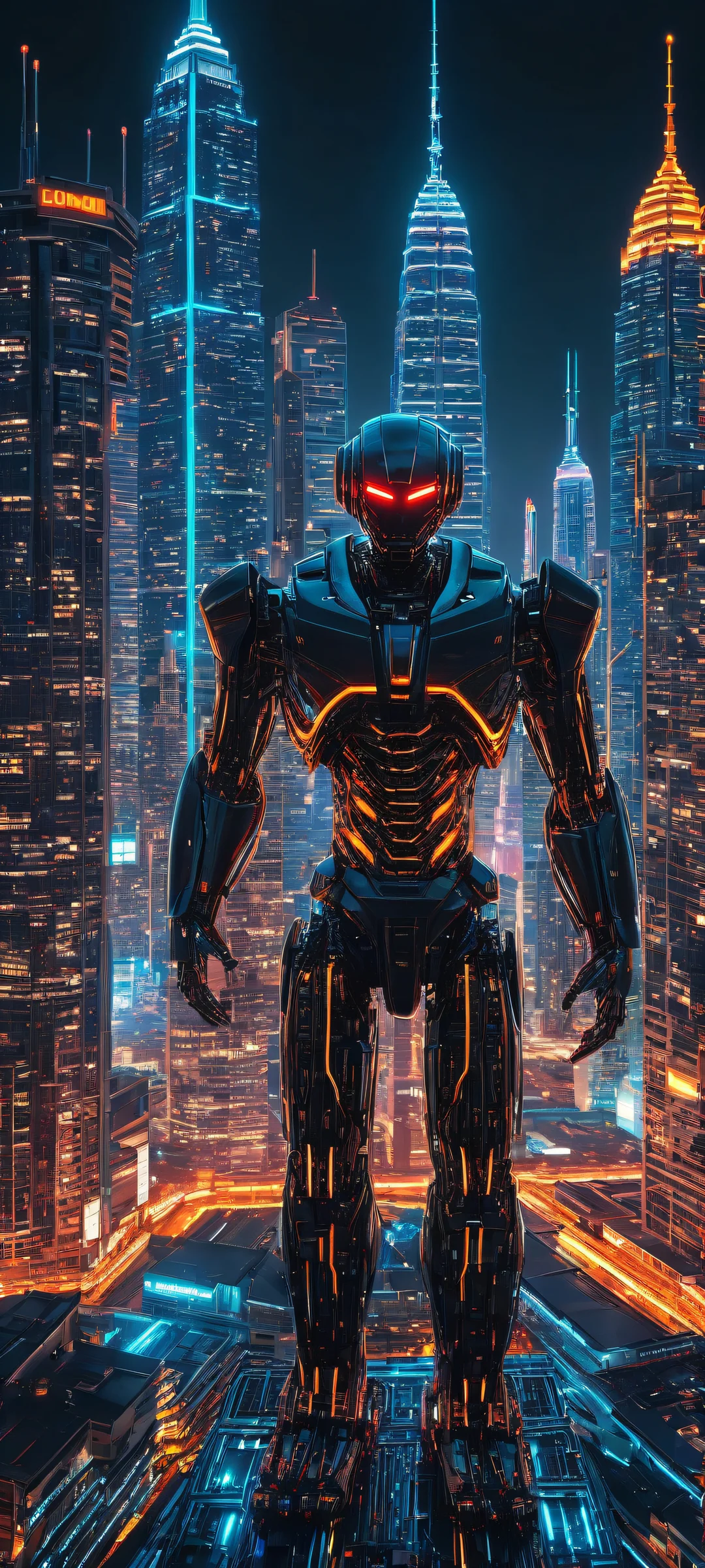 Award-winning digital art featuring neon-lit robots and cityscape at dusk on iPhone/Android.