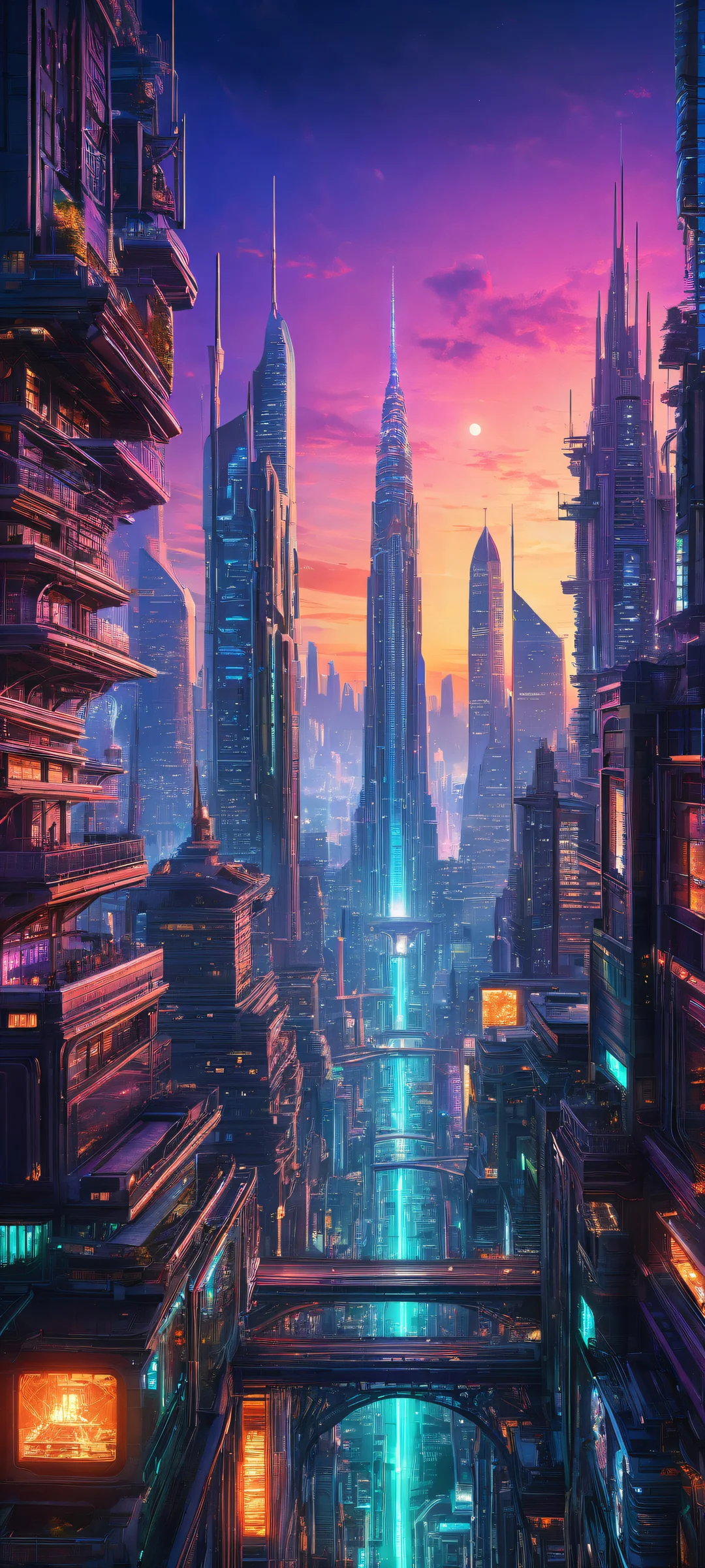 Breathtaking cityscape artwork with neon-lit buildings and steampunk machinery, perfect for iPhone/Android home screens.