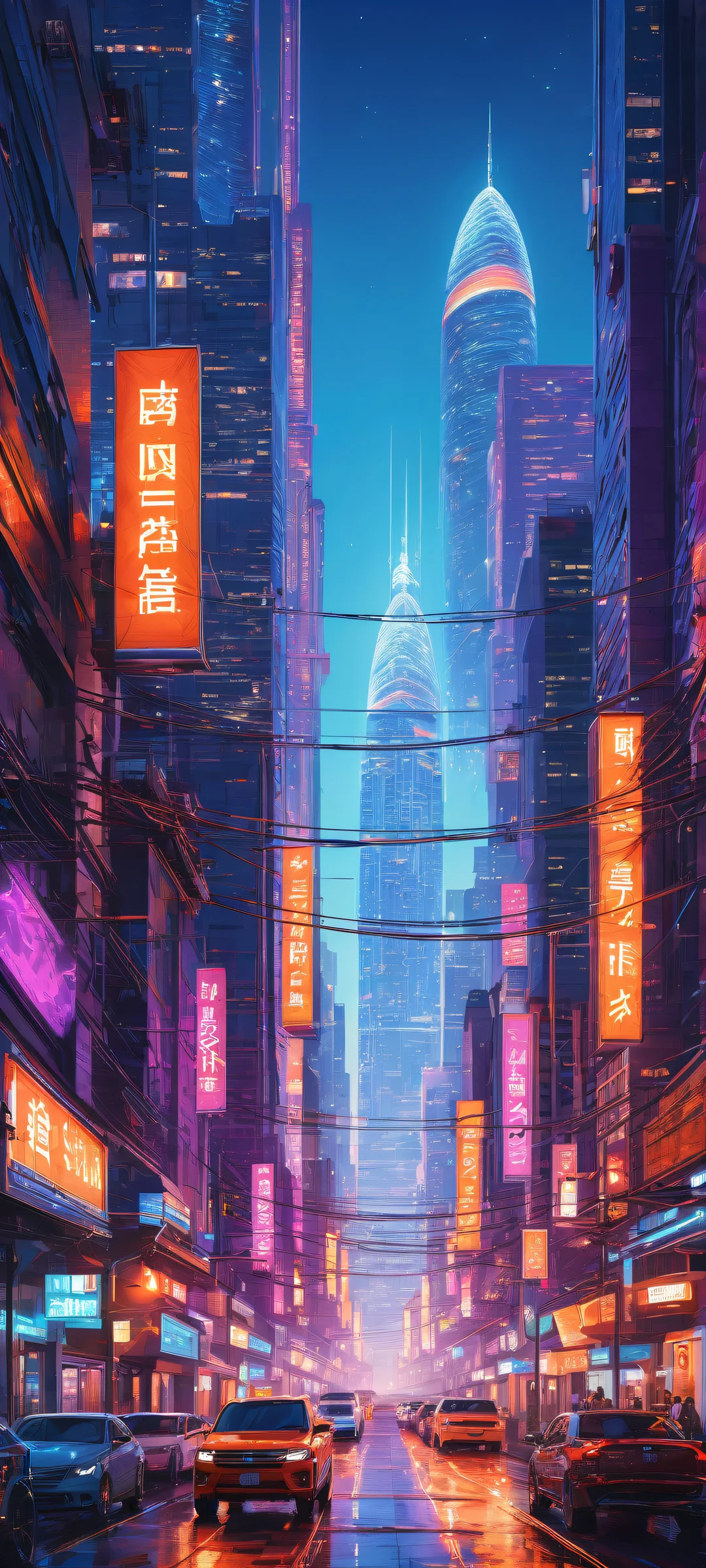 Breathtaking digital artwork featuring a futuristic cityscape with towering buildings and lush trees, perfectly optimized for iPhone/Android home screens.