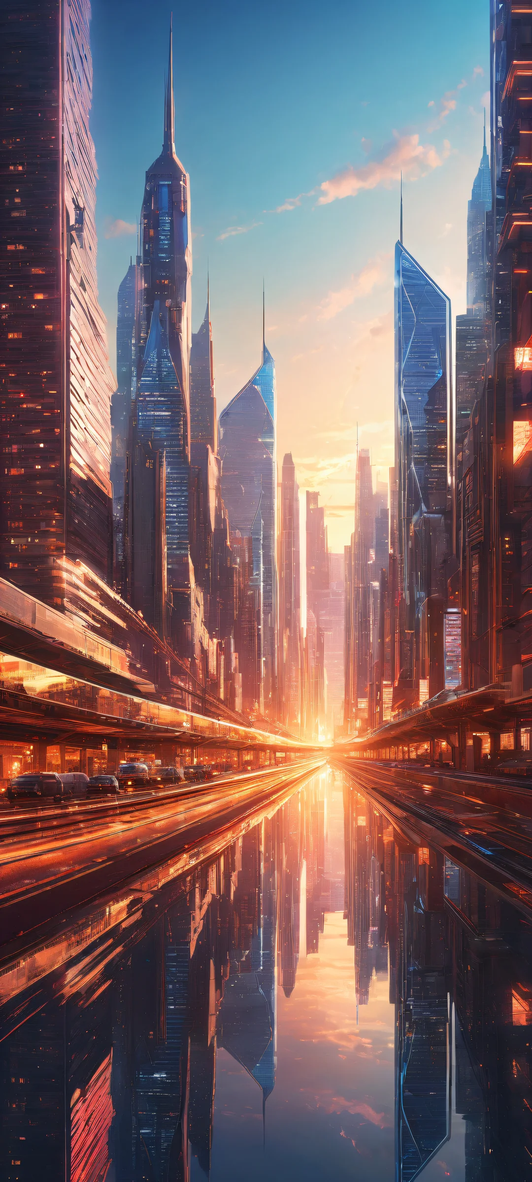 iPhone/Android: Futuristic cityscape artwork with neon-lit skyscrapers and robots, perfekt für Homescreen-Hintergründe.