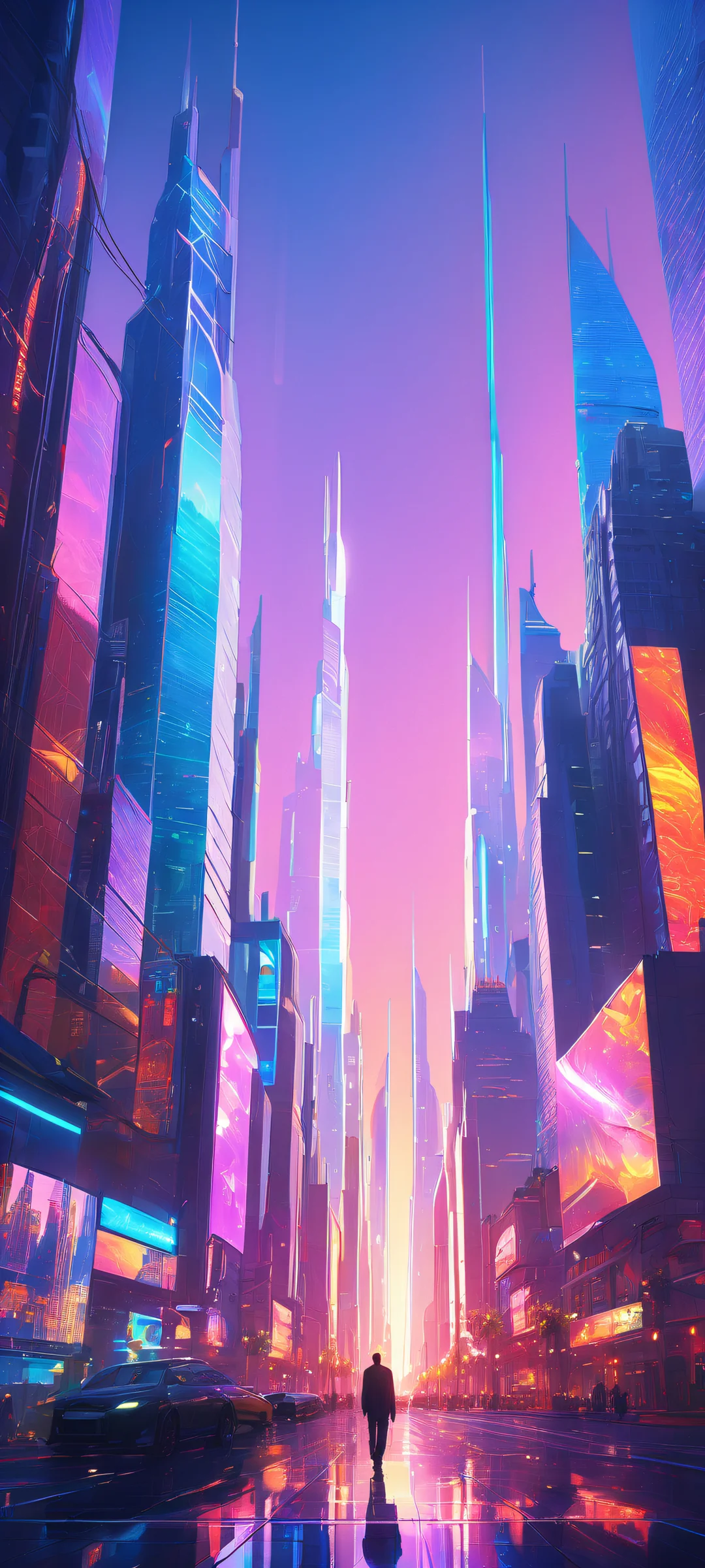 Beautifully lit neon cityscape on an iPhone or Android device with intricate details and futuristic flair.