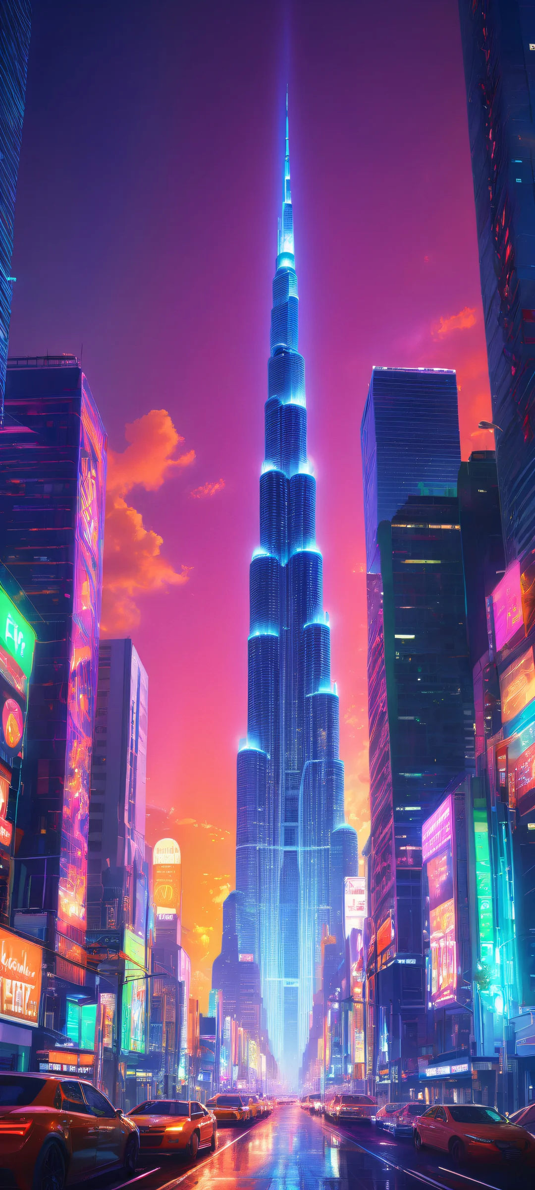 iPhone and Android users, experience the thrill of a neon-lit cityscape on your mobile device's home screen. Marvel at the intricate details and radiant colors of this award-winning digital art.
