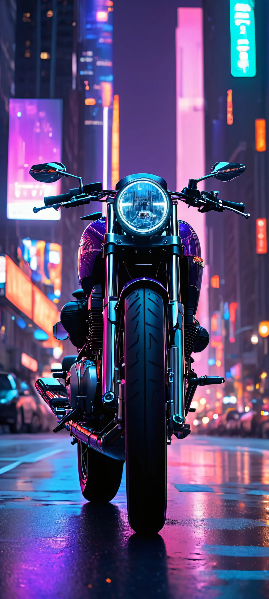 A sleek motorcycle against a dark cityscape with neon lights and holographic advertisements, perfect for iPhone/Android home screens.