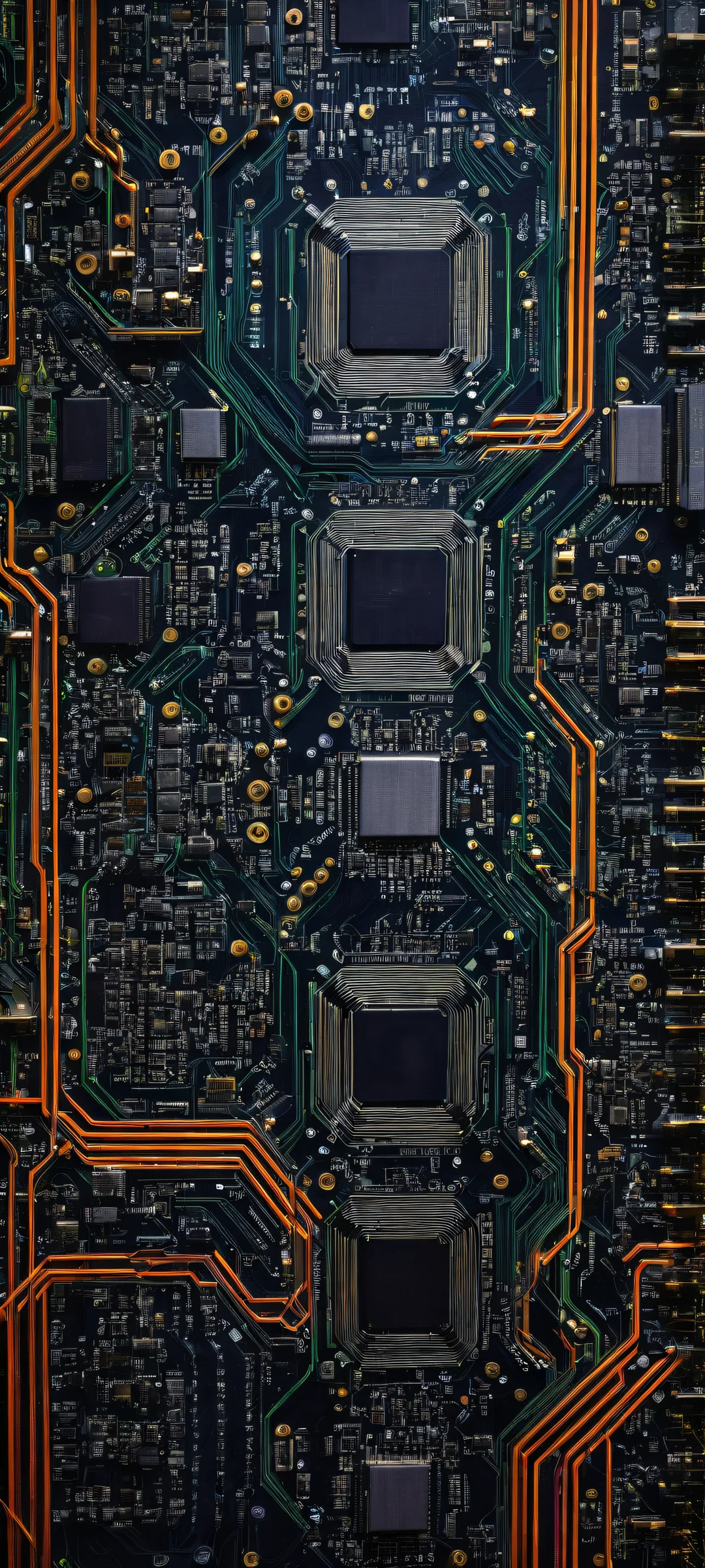 A breathtaking vertical portrait of neon-lit circuit boards on iPhone/Android home screens.