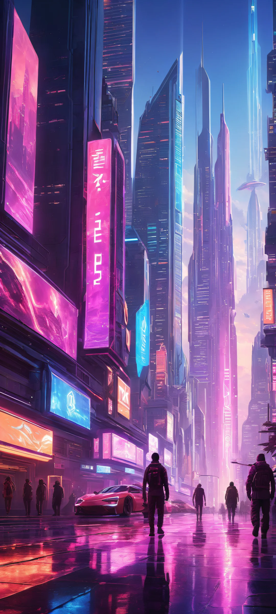 iPhone/Android compatible cyberpunk artwork featuring video game characters in a stunning futuristic landscape with ethereal lighting and ray-traced reflections.