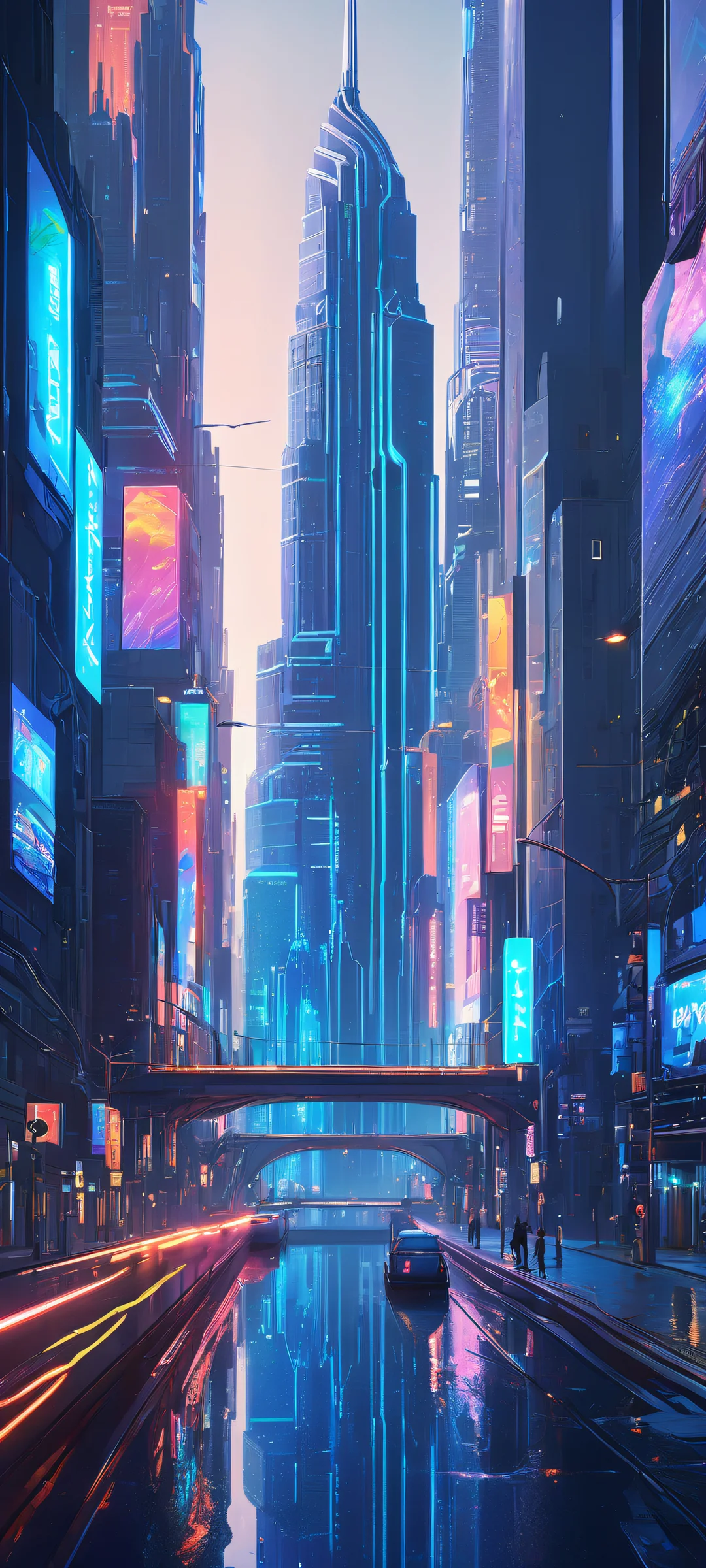 Ethereal cityscape on iPhone/Android with radiant neon glow and subtle ray-traced reflections