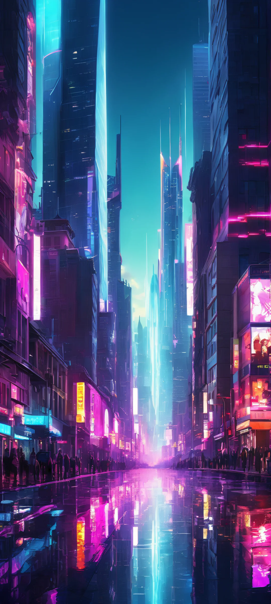Explore the radiant cityscape on your iPhone or Android with this stunning digital art wallpaper featuring neon lights and metallic textures.
