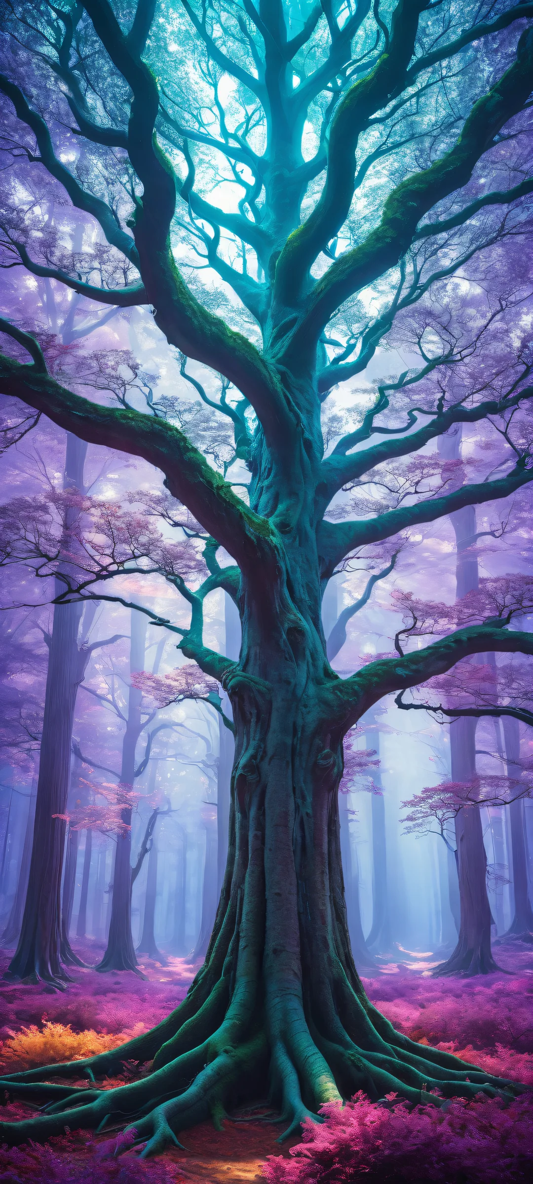 A breathtaking portrait of Nerve Trees on iPhone/Android, showcasing surreal biotech fantasy landscape with intricate micro-details and ethereal lighting.