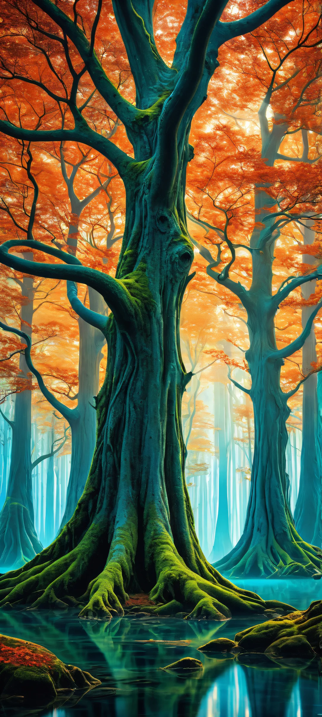 Nerve Tree Oasis 2K Phone Wallpaper iPhone/Android wallpapers featuring surreal biotech landscapes with nerve trees, alien forests and radiant colors. Perfectly optimized for mobile devices.