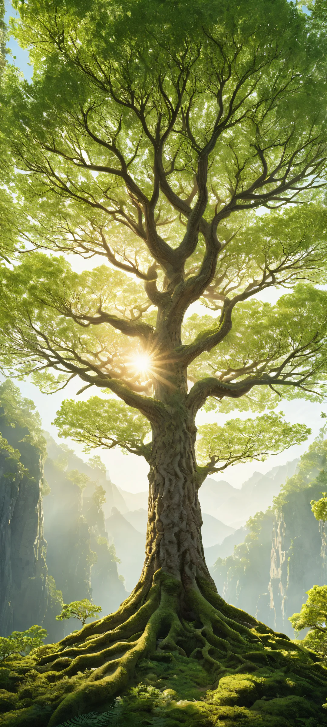 Dendrite Trees iPhone/Android Wallpaper - A breathtaking vertical portrait artwork of dendrite trees placed in the lower-middle with intricate micro-details of brain tissue and nerves, surrounded by a surreal forest floor covered in nerve grass and vines made of dendrites.