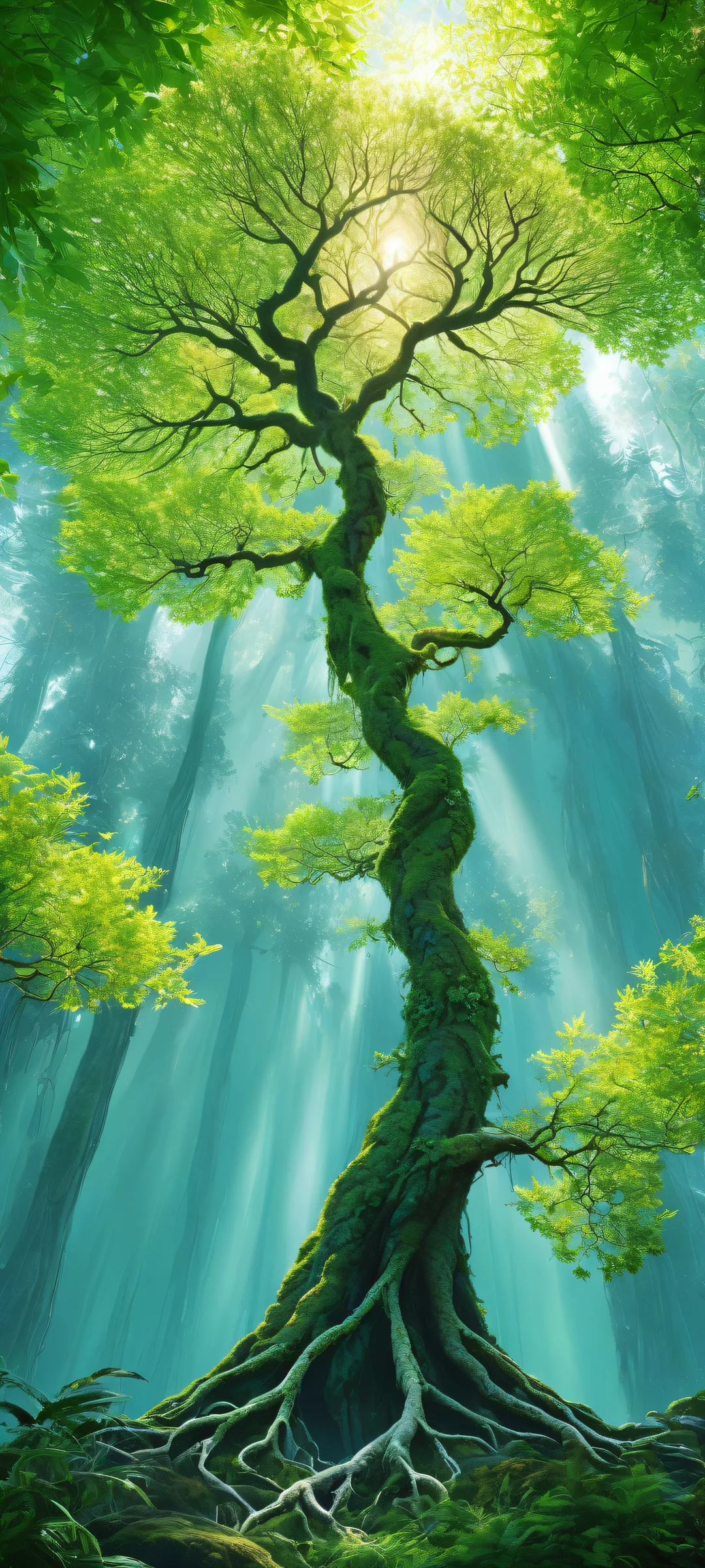 A majestic tree with intricate dendrite vines and nerve-grass foliage on iPhone/Android