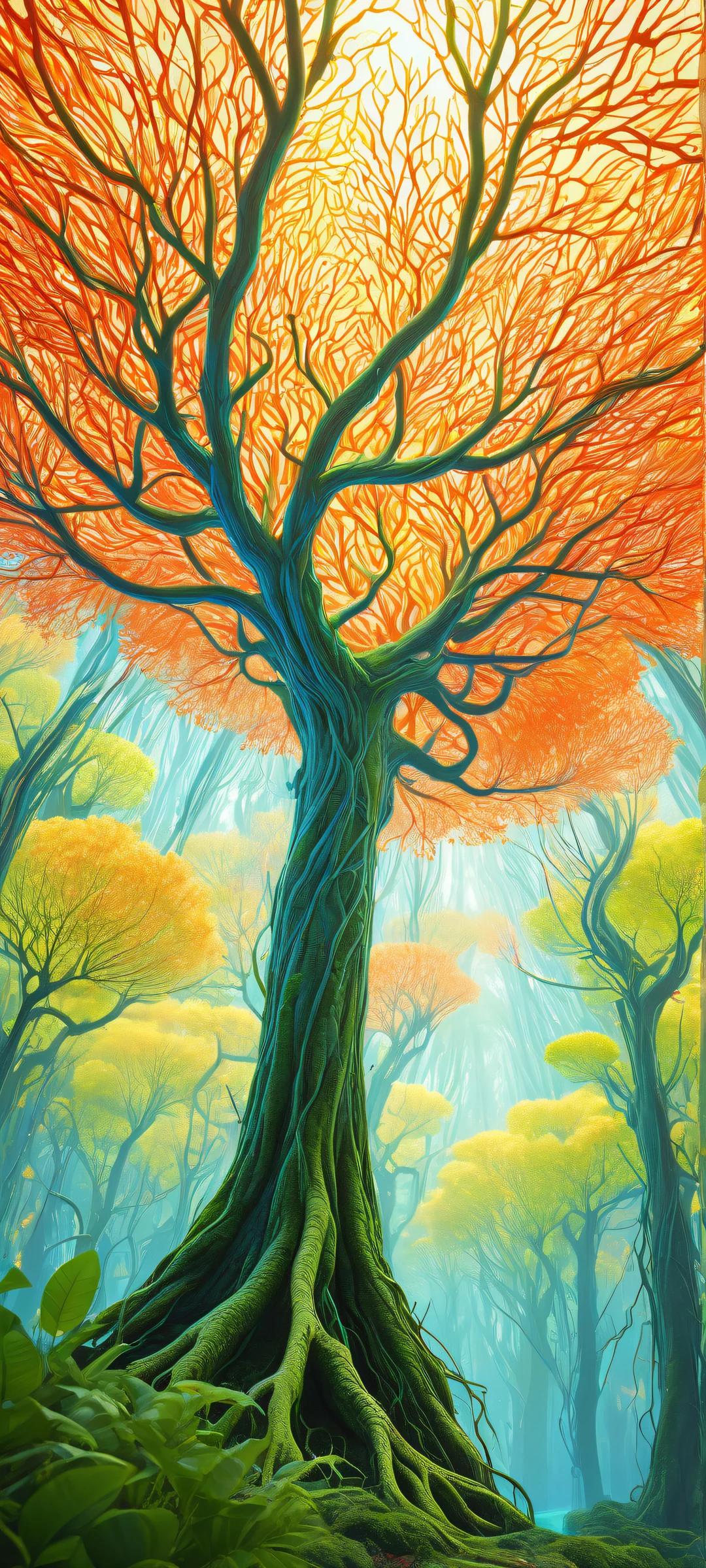 A futuristic landscape with neuron trees and vibrant colors, perfect for iPhone/Android home screens.