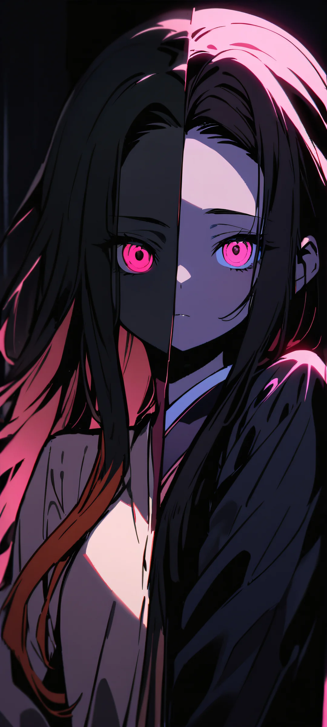 Beautiful portrait of Nezuko Kamado from Demon Slayer looking directly at the viewer on an iPhone or Android device.