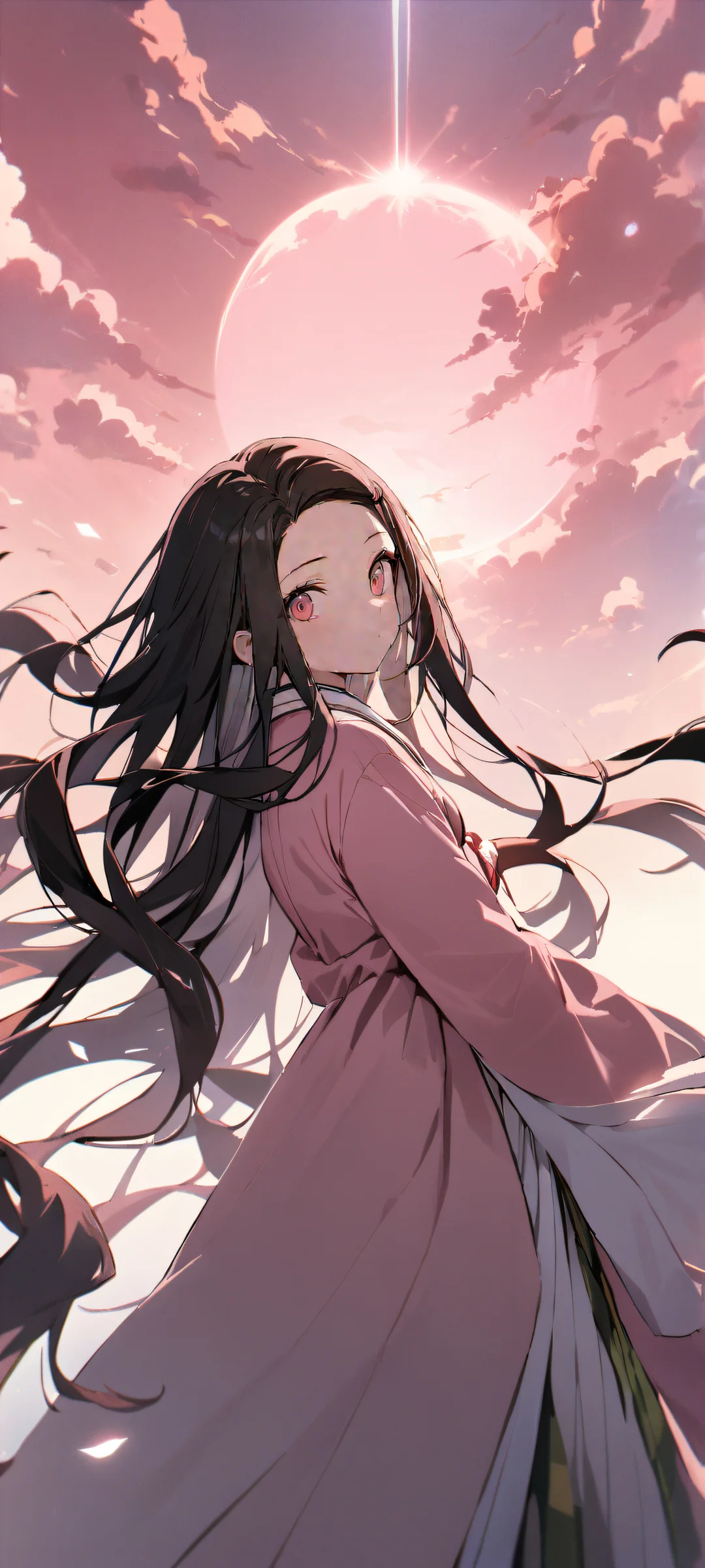Beautiful Nezuko Kamado portrait on iPhone and Android mobile devices, looking directly at the viewer with a serene expression, surrounded by a bright and airy sky.