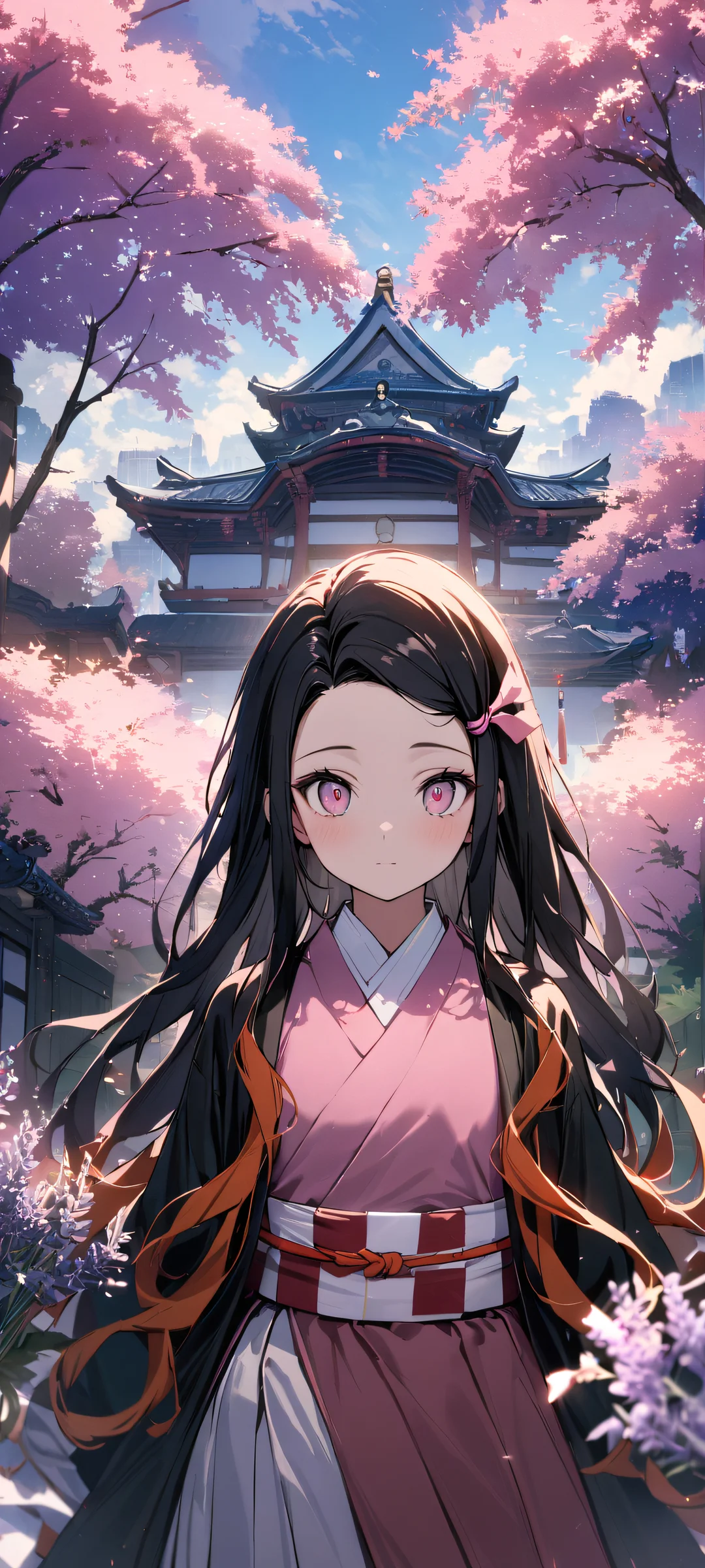 Beautiful portrait of Nezuko Kamado from Demon Slayer looking directly at the viewer on a clean and empty iPhone/Android home screen.