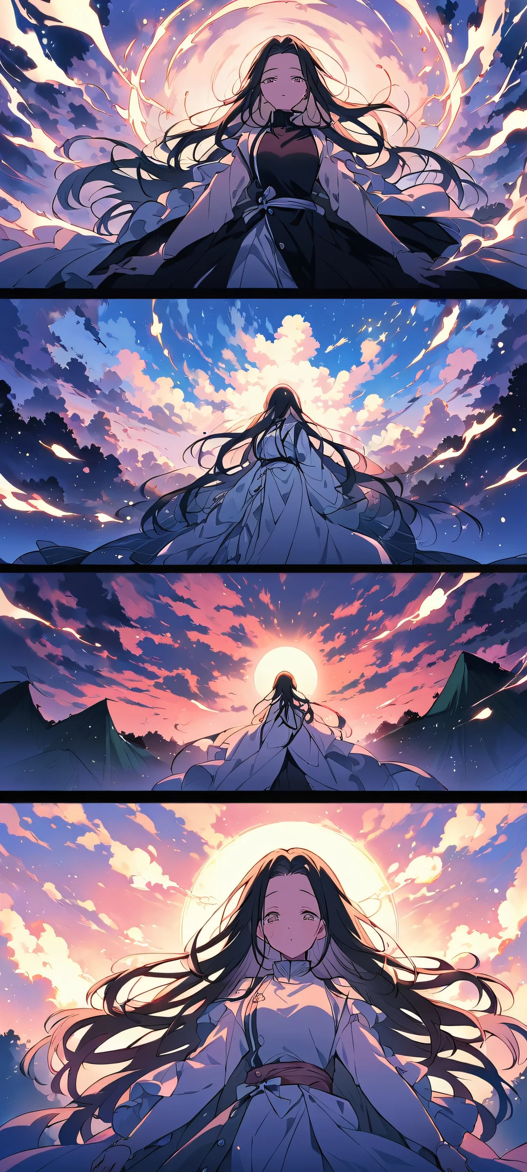 Beautiful anime illustration of Nezuko Kamado from Demon Slayer on iPhone/Android mobile device wallpapers with stunning sky and ethereal lighting.