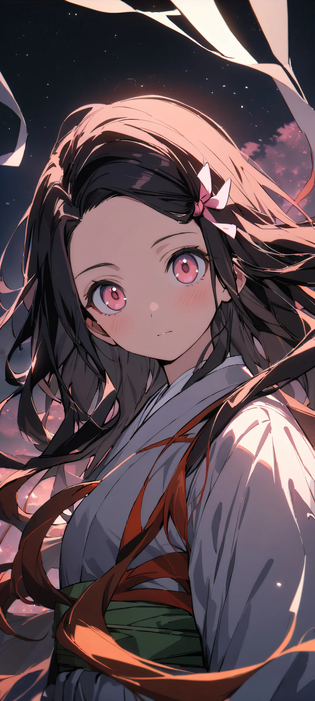 A stunning portrait of Nezuko Kamado from Demon Slayer, perfectly optimized for iPhone/Android home screens. Her mesmerizing gaze draws you in.