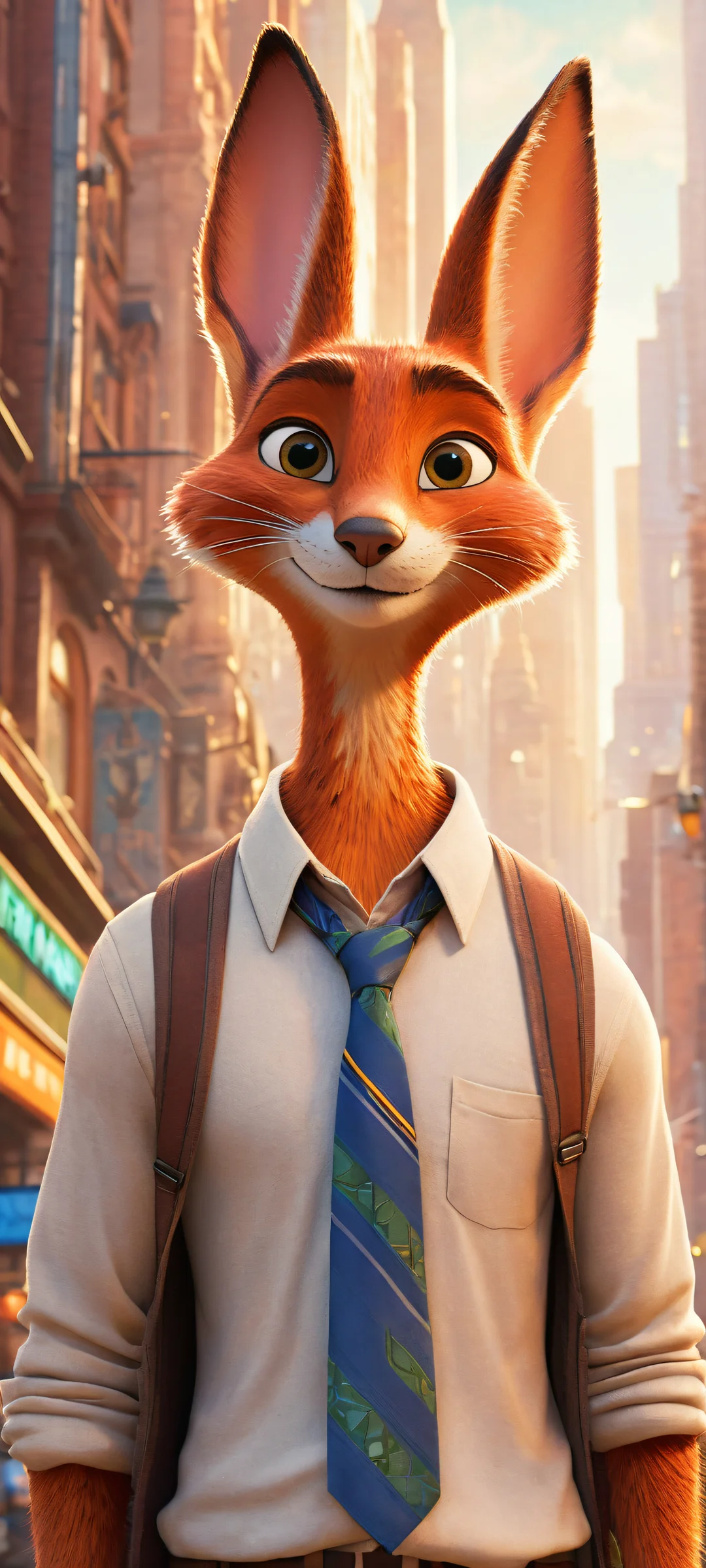 A breathtaking portrait of Nick Wilde and Judy Hopps against the vibrant cityscape of Zootopia, Perfectamente optimizado para pantallas de inicio de iPhone y Android..