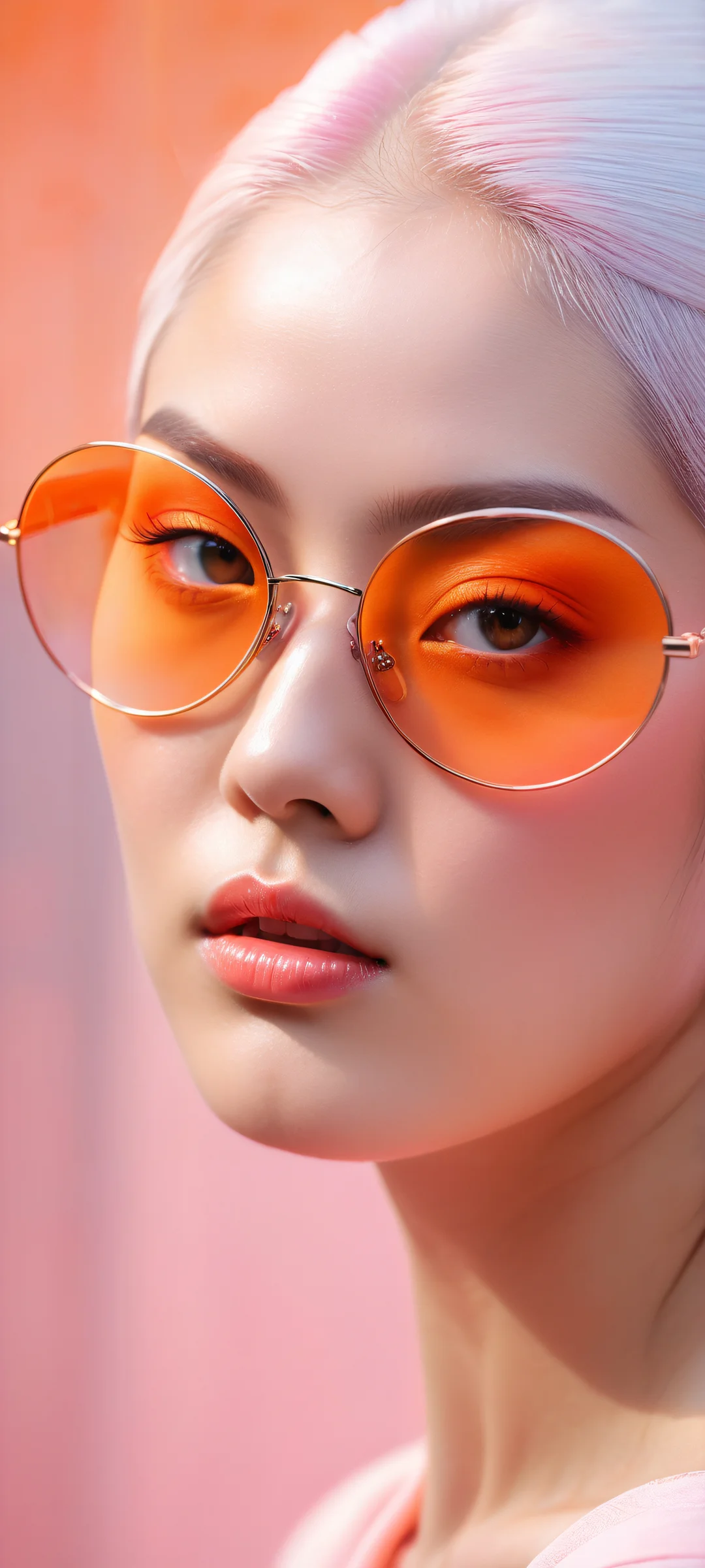 Un portrait vertical à couper le souffle représentant une silhouette solitaire portant des lunettes., sur fond de teintes vibrantes de rose et d'orange, moitié supérieure parfaitement propre pour l'interface utilisateur, avec iPhone/Android.