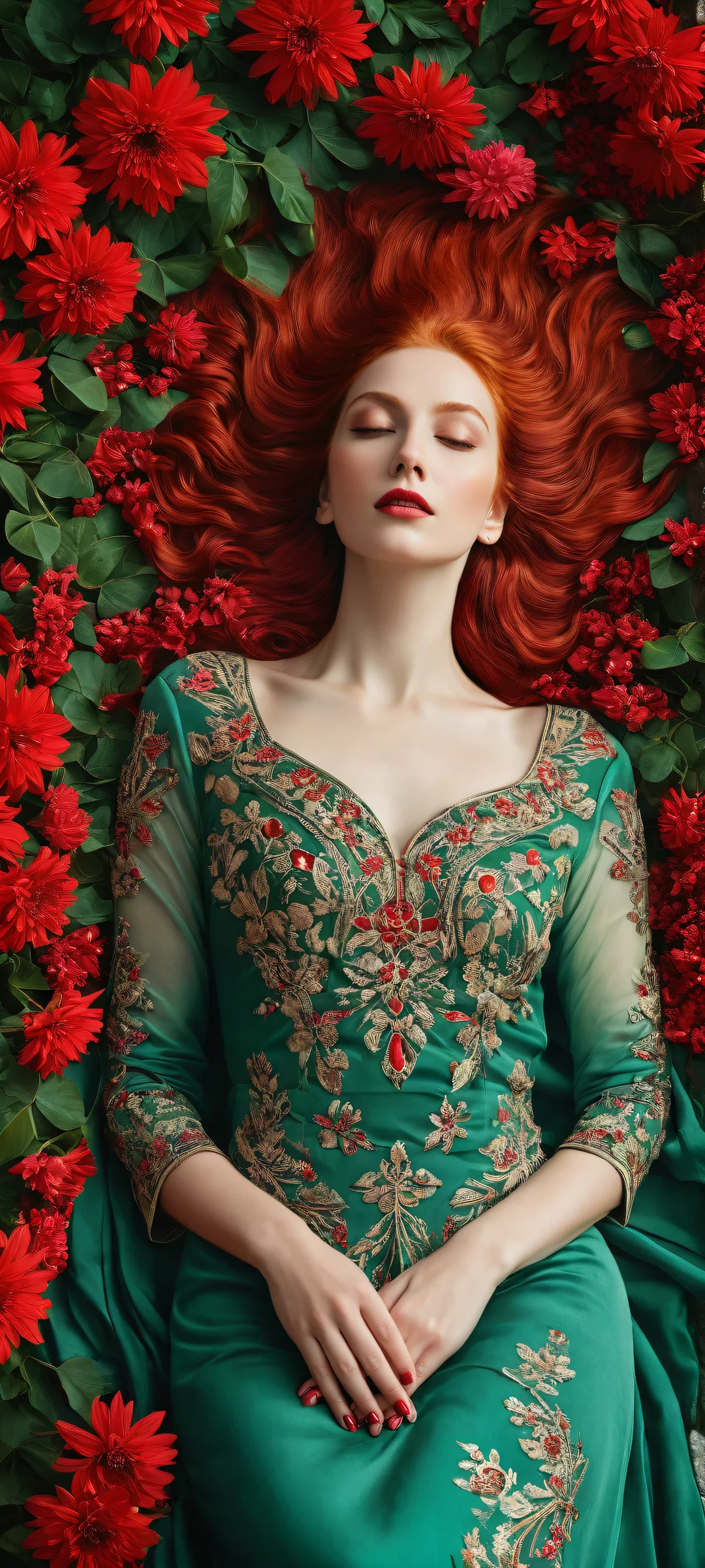 Nikke, the Goddess of Victory, lies amidst a sea of vibrant red flowers on a serene summer landscape, perfectly optimized for iPhone and Android home screens.