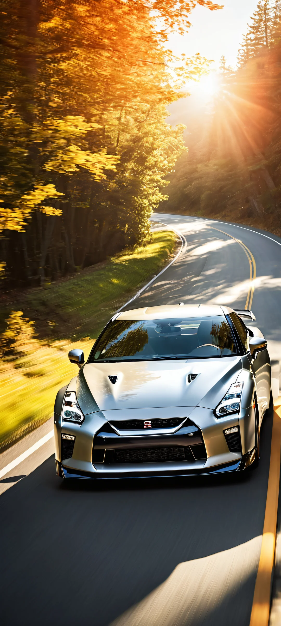 A Nissan GT-R speeding down a winding road. Parfait pour les écrans d'accueil iPhone/Android.