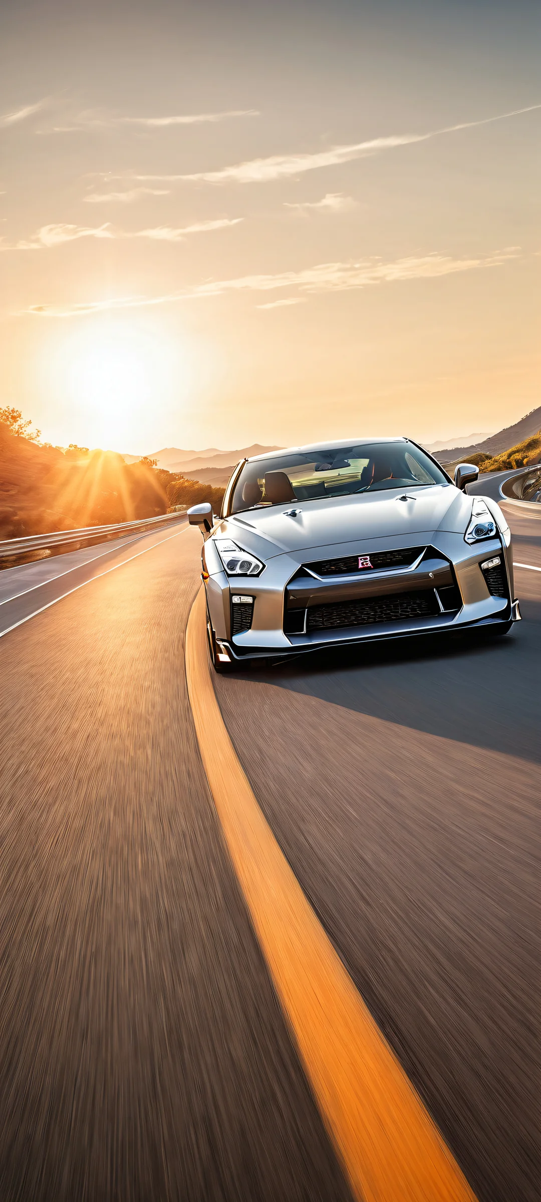 A stunning vertical portrait of a Nissan GT-R on an iPhone or Android device's home screen, with intricate details and a vast winding road in the background.