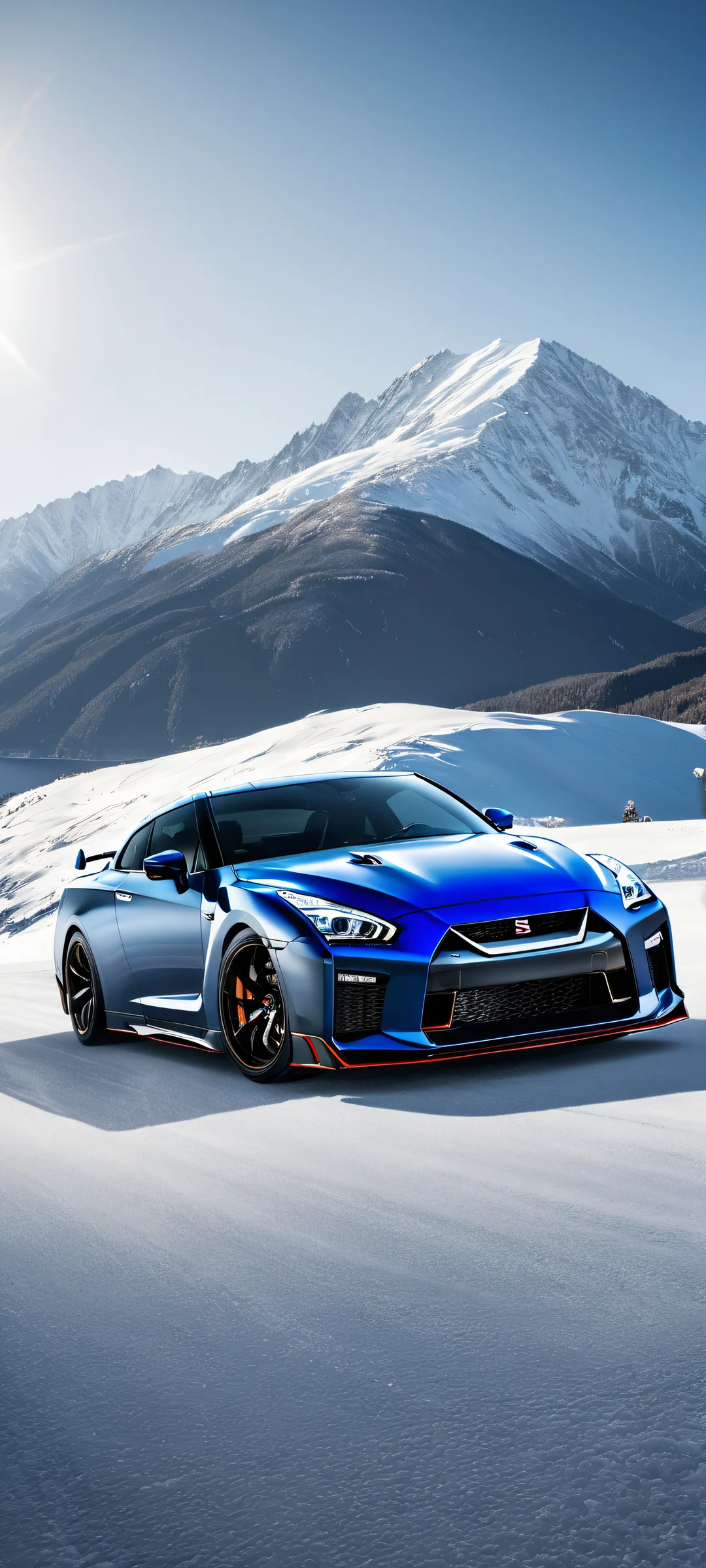 Vertical portrait artwork of Nissan GT-R placed on a snowy peak with licence plates and mountains in the background. Perfecto para pantallas de inicio de iPhone/Android.