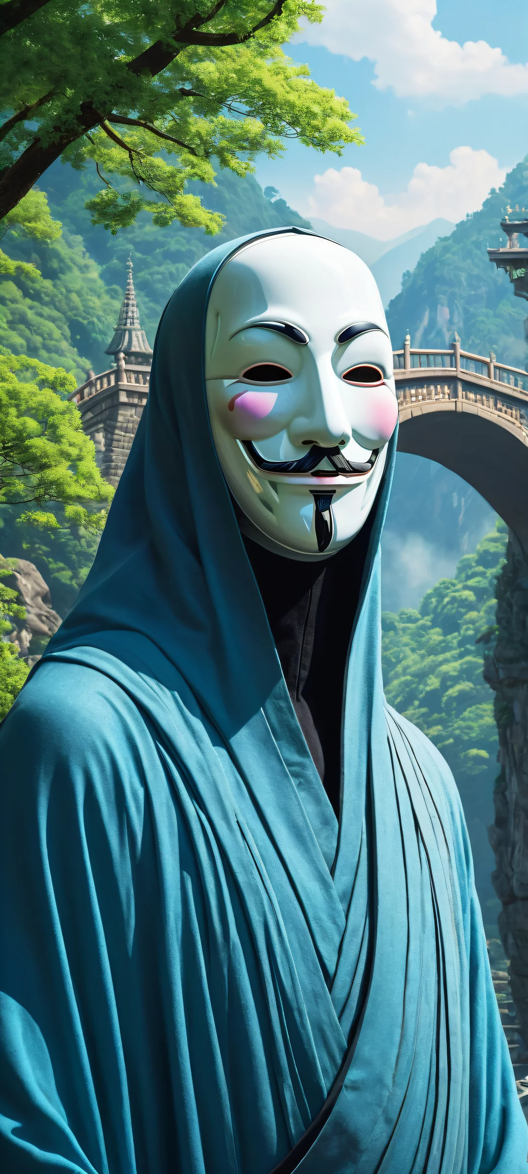 No-Face's mask and eyes take center stage against a vibrant anime world below, featuring ancient trees and a majestic bridge, Perfectamente optimizado para pantallas de inicio de iPhone/Android..