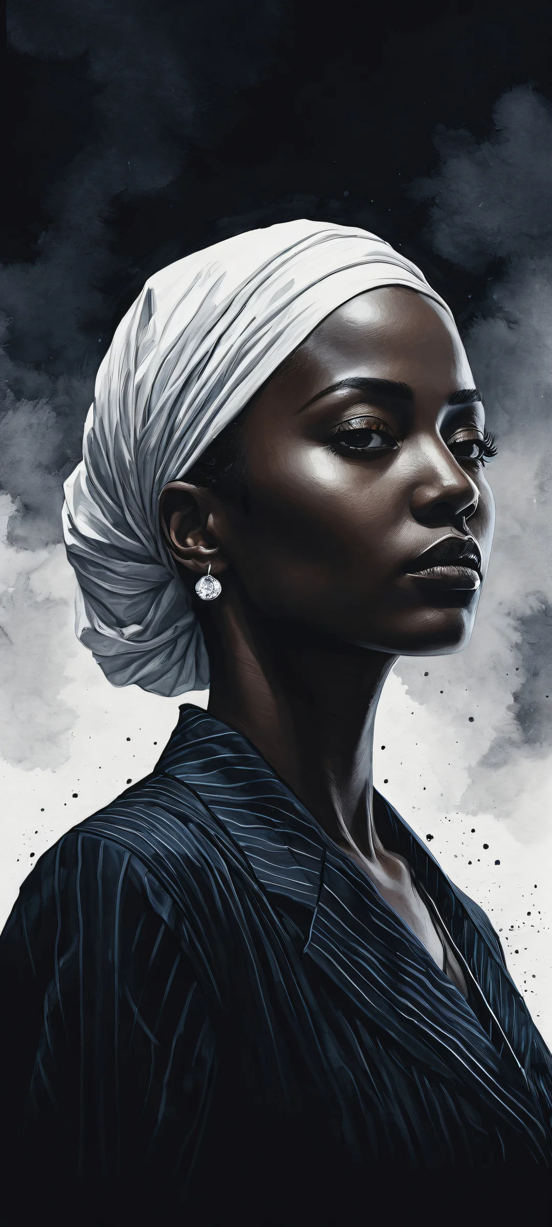 A stunning vertical portrait artwork of Nyt3 Tyd3 illu placed on an iPhone/Android home screen, featuring watercolor-inspired blues and whites, with a sleek dark mode aesthetic.