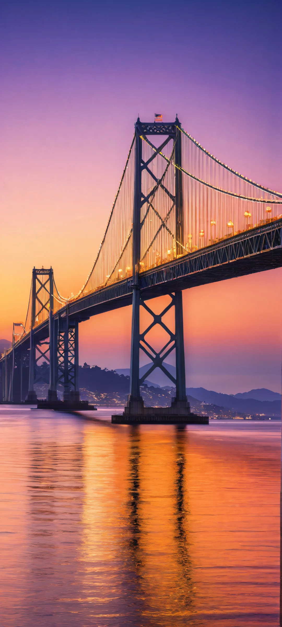 iPhone/Android users, immerse yourself in the ethereal glow of the Oakland Bay Bridge at sunset. Radiant light trails and city lights transform the scene into a masterpiece for your mobile home screen.