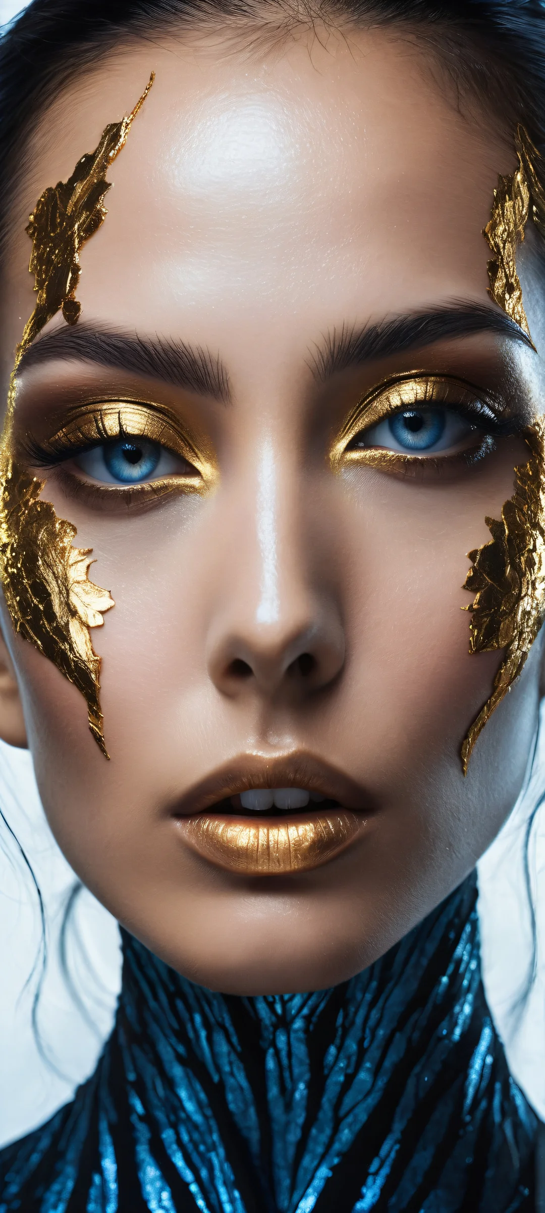 A woman with skin like polished obsidian and glowing molten gold veins on iPhone/Android wallpapers.