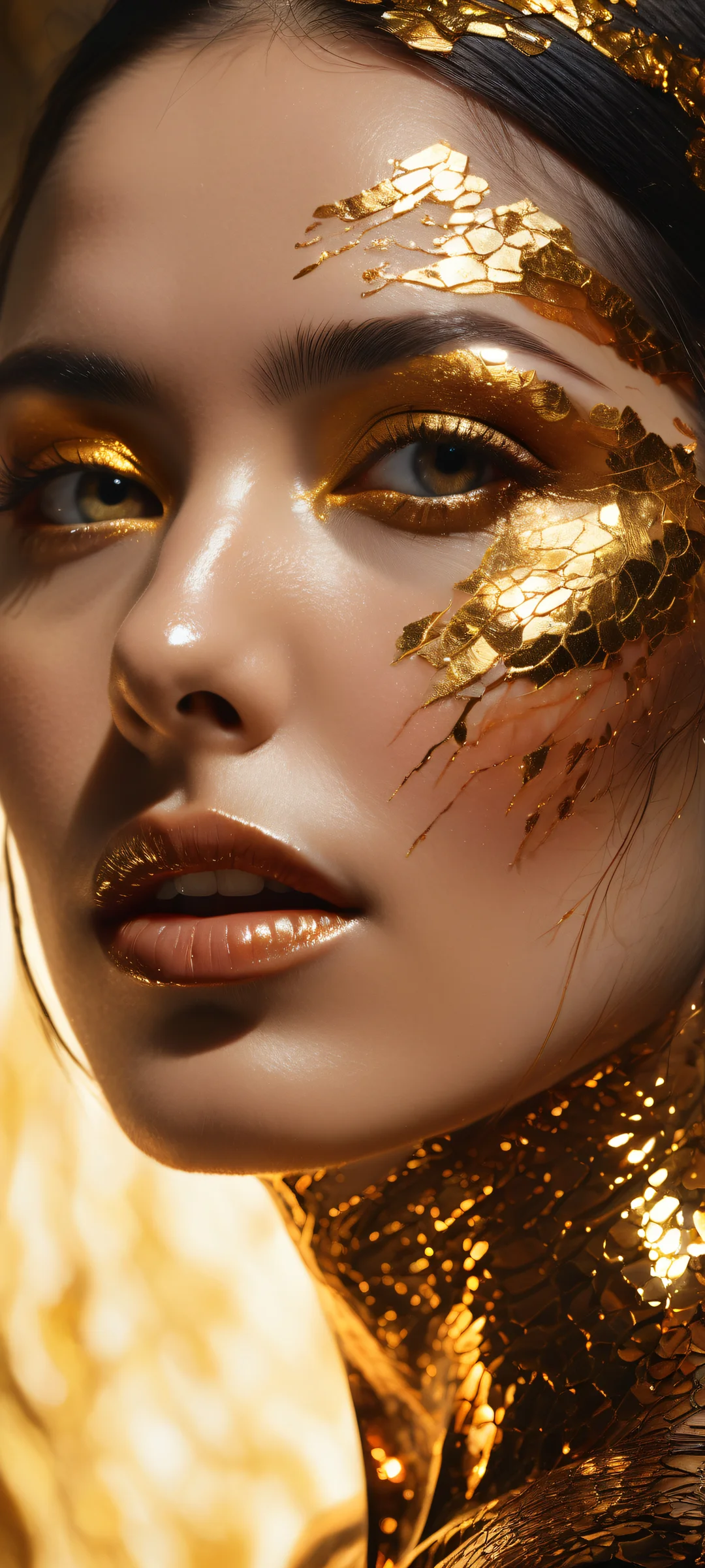 A stunning vertical portrait of a woman with intricate details on her face and void background, perfekt optimiert für iPhone/Android-Startbildschirme.