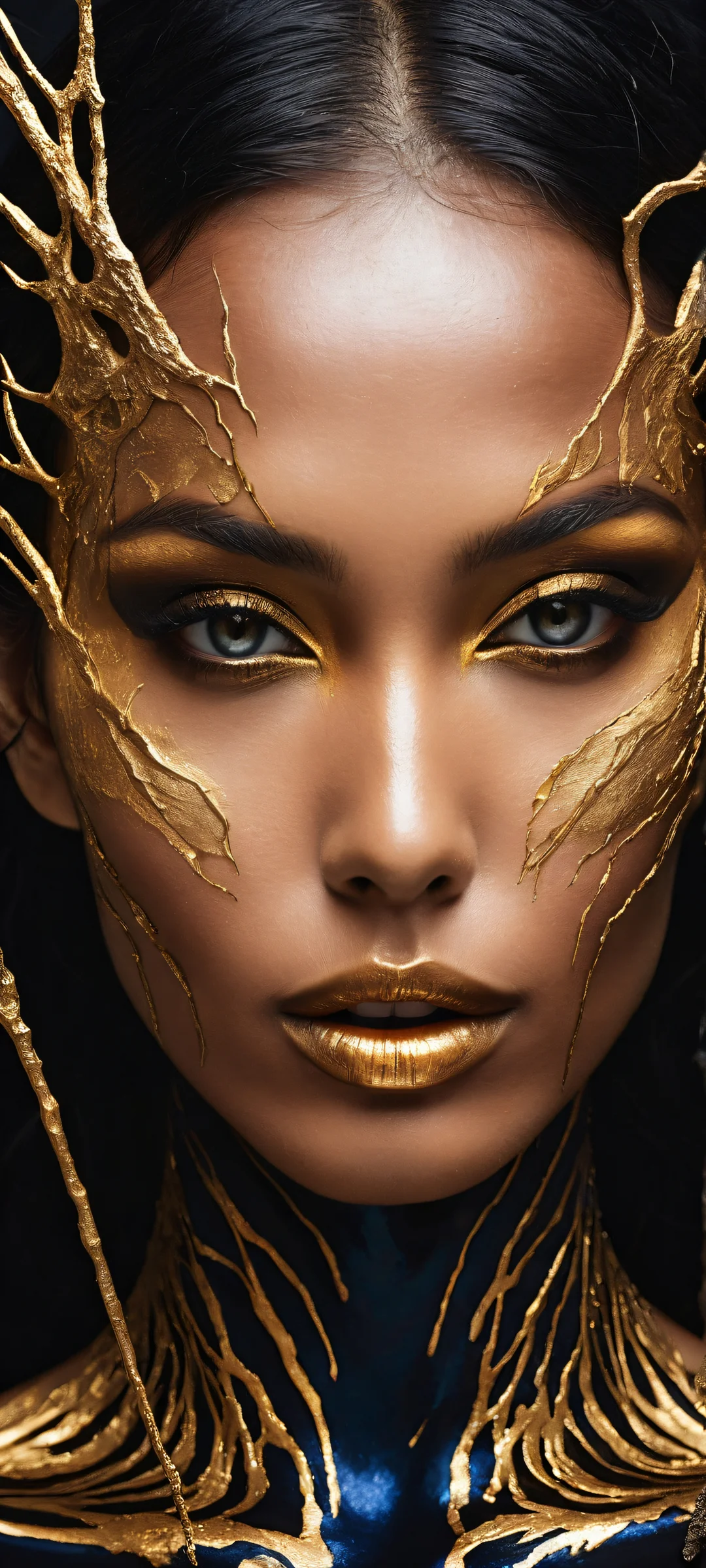 A portrait of a woman with polished obsidian skin and glowing molten gold details, perfectly optimized for iPhone/Android home screens.