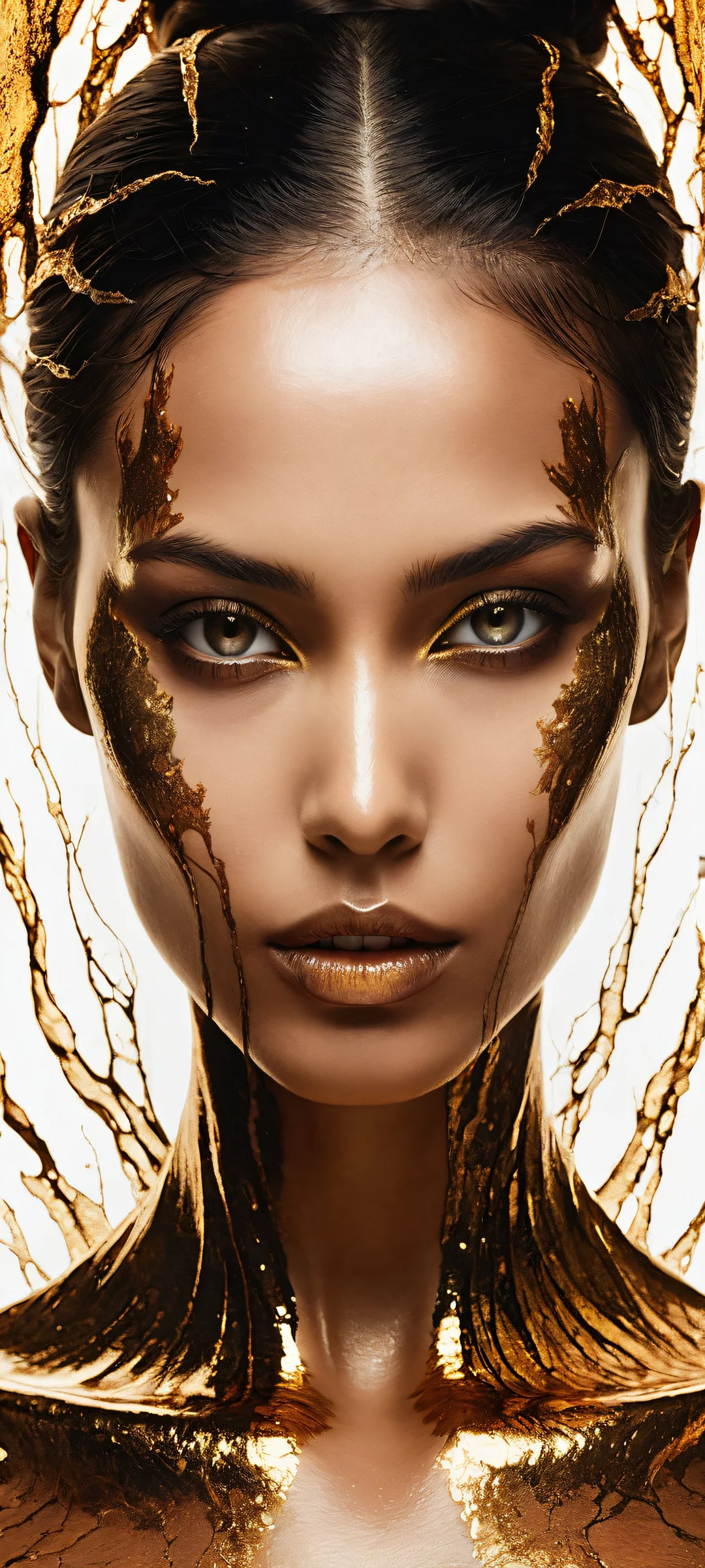 Woman with glowing molten gold skin and distant galaxy eyes on a dark mode background for iPhone/Android