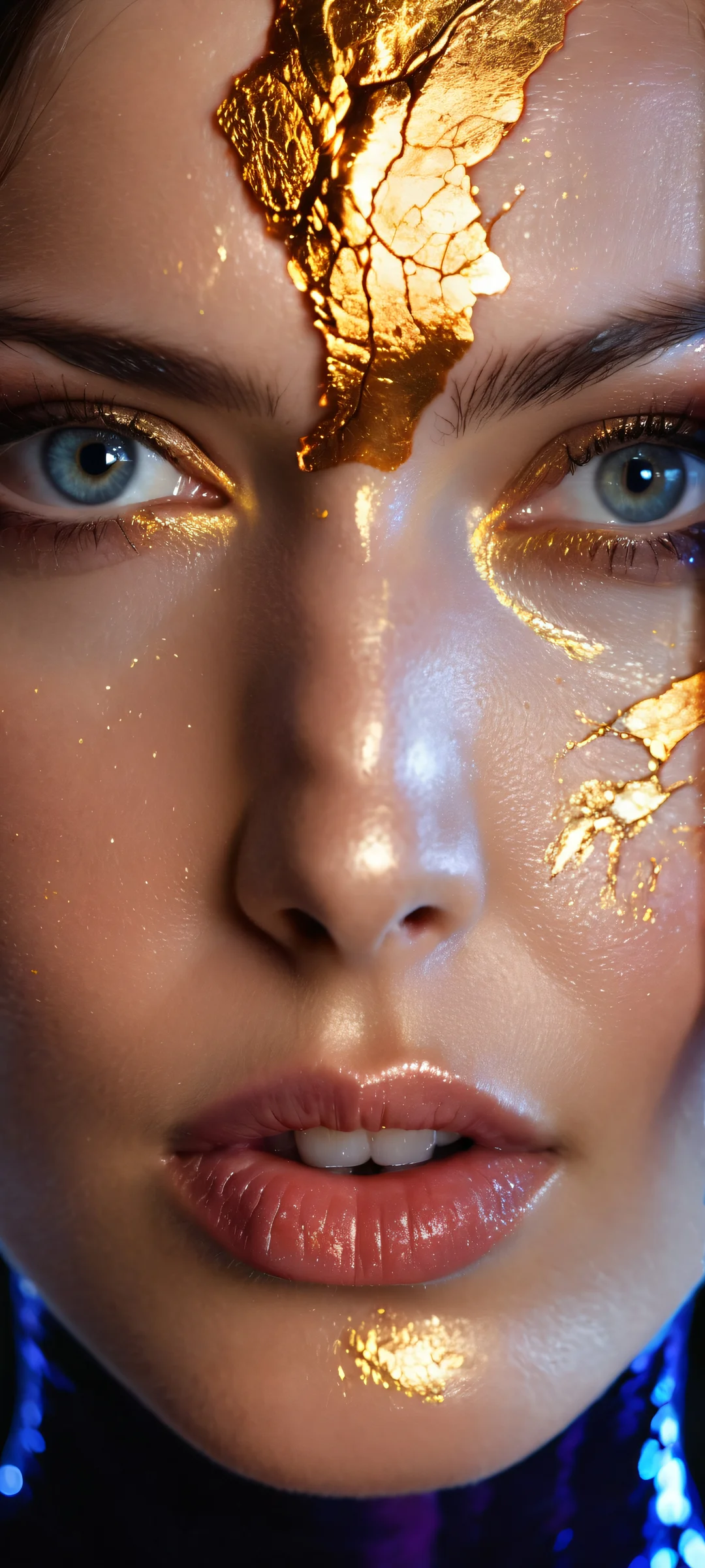 A stunning portrait of a woman with obsidian skin and glowing gold veins, optimized for iPhone/Android home screens.