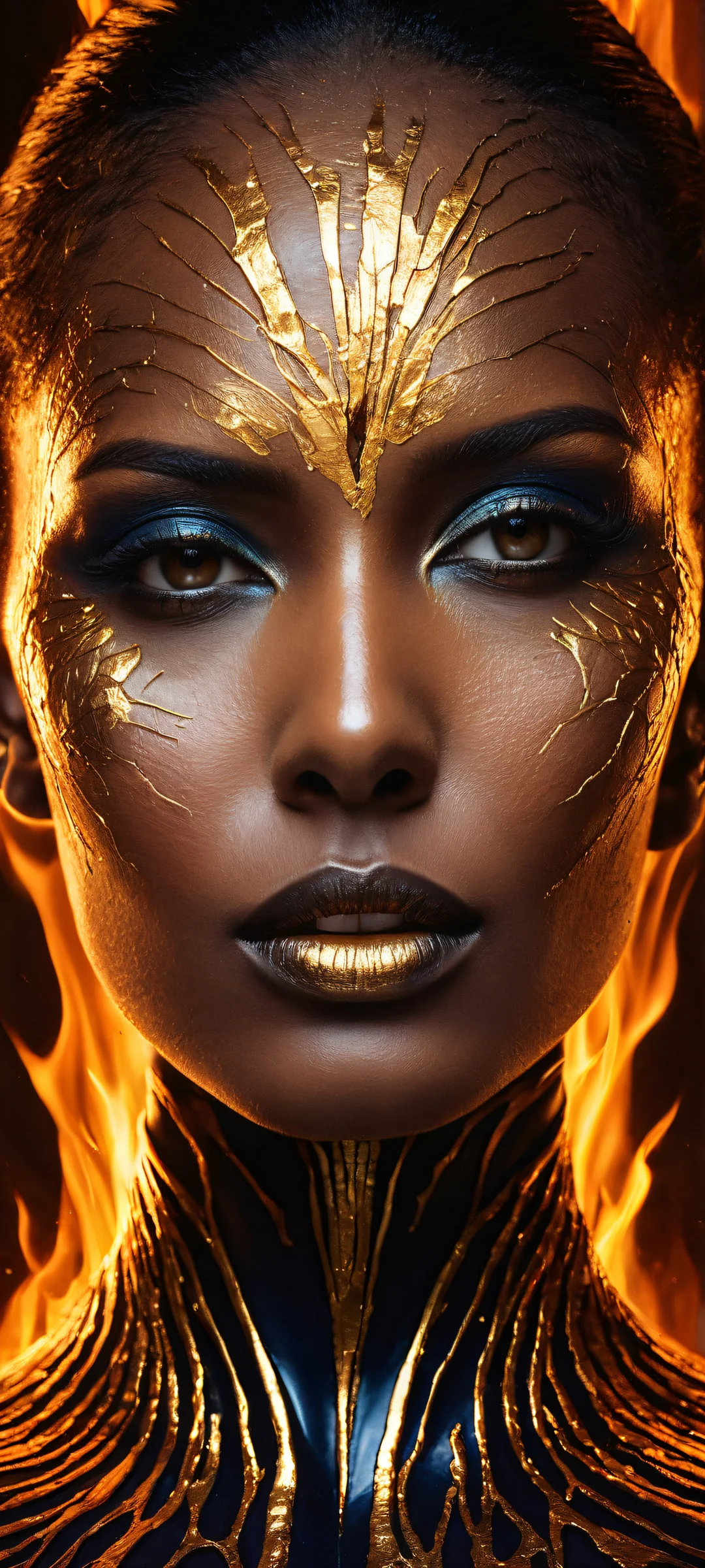 A stunning vertical portrait of a woman with skin like polished obsidian on iPhone and Android, with micro-details like glowing molten gold spreading across her face. Perfect for home screens.