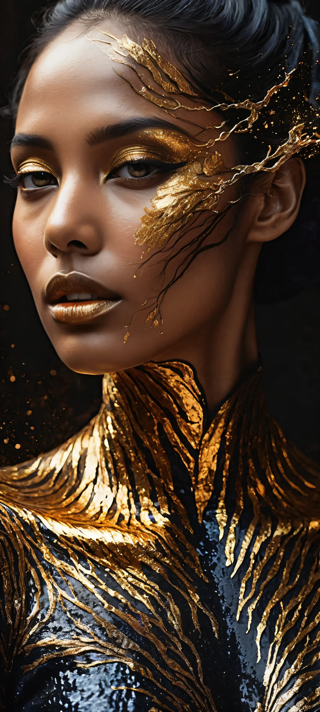 A woman with skin like polished obsidian and glowing molten gold features, 遠くの銀河を反射する. iPhone/Androidのホーム画面に最適.