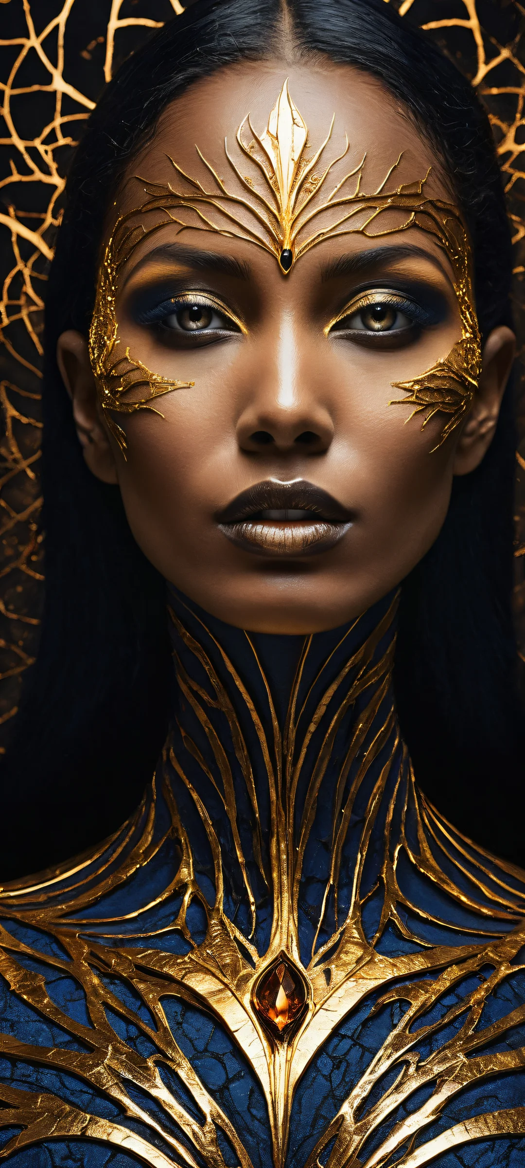 A breathtaking digital art portrait of a woman with obsidian skin and glowing molten gold veins on her face, perfect for iPhone/Android home screens.