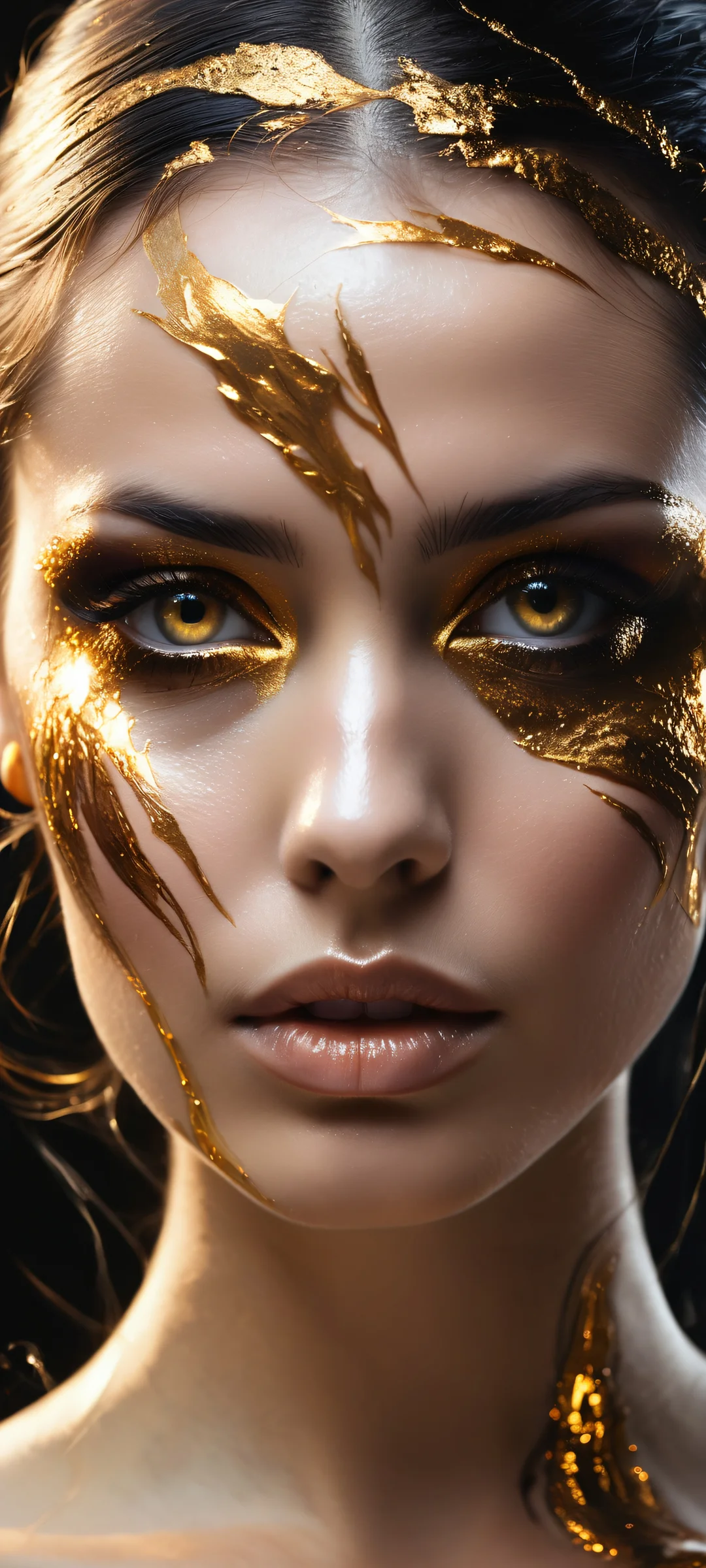 A woman with skin like polished obsidian and glowing molten gold veins on her face, reflecting distant galaxies. Perfectly optimized for iPhone, Samsung Galaxy, and Android home screens.