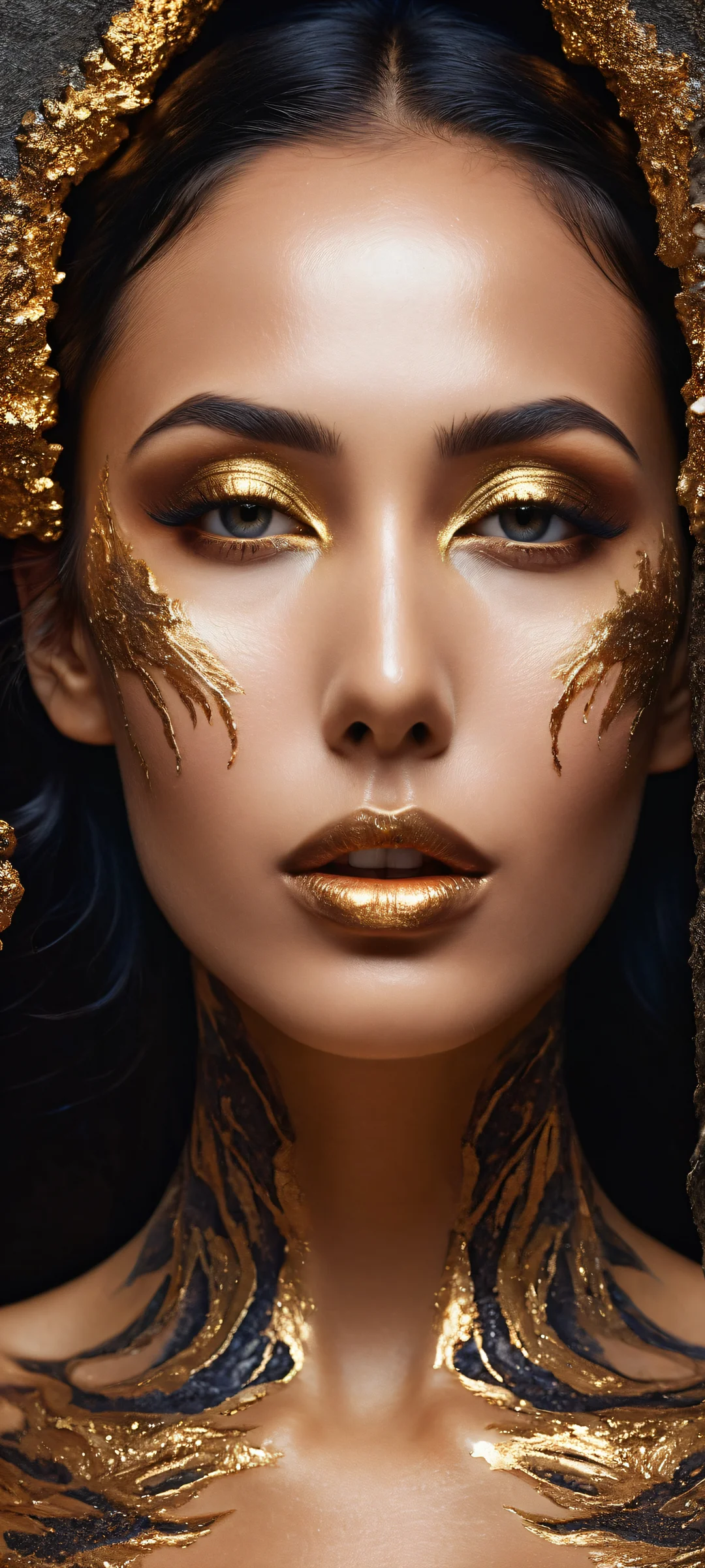 iPhone and Android users will be mesmerized by the stunning portrait of a woman with skin like polished obsidian, her face aglow with intricate micro-details of cracks spreading molten gold like living veins.